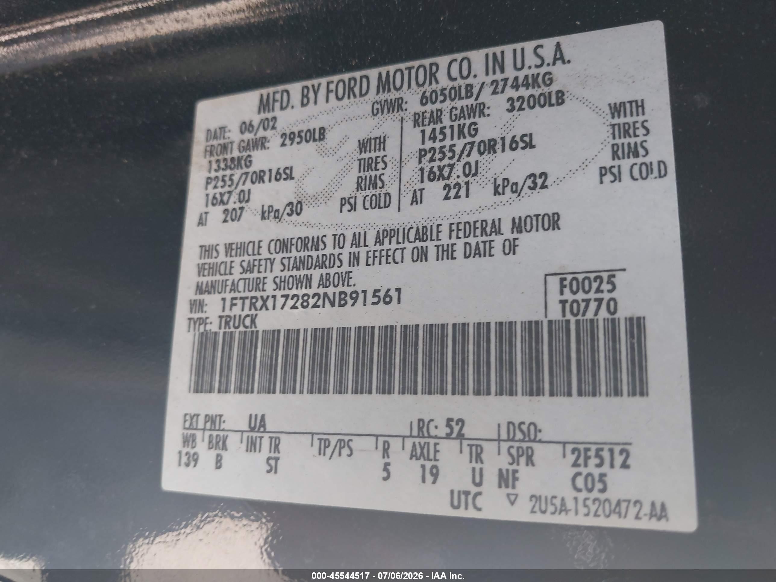 2002 Ford F-150 Xl/xlt Black vin: 1FTRX17282NB91561