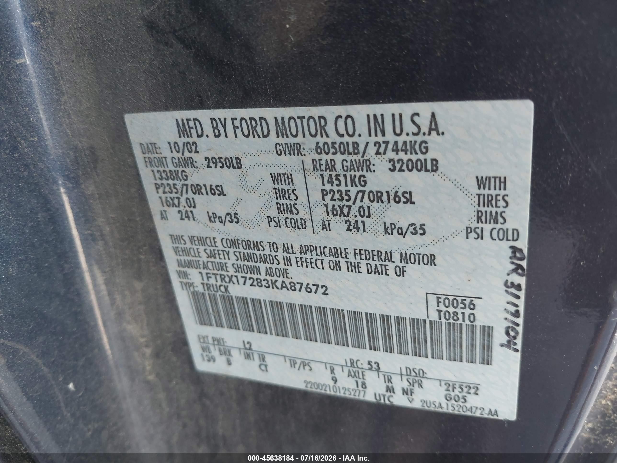 2003 Ford F-150 Xl/xlt Blue vin: 1FTRX17283KA87672