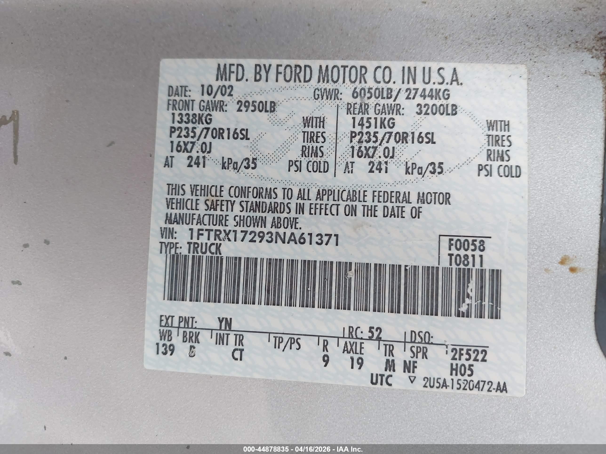 2003 Ford F-150 Xl/xlt Gray vin: 1FTRX17293NA61371