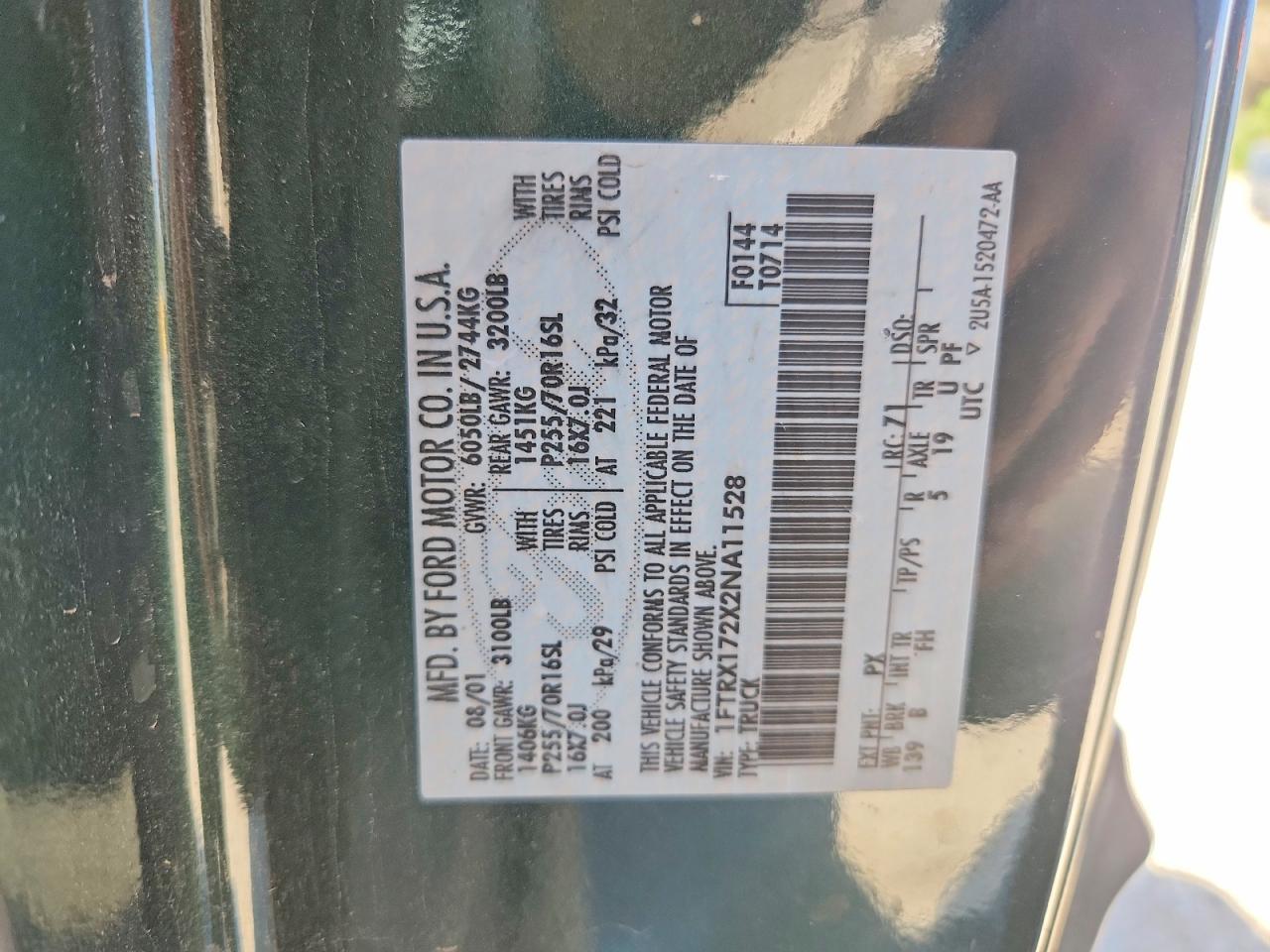 2002 Ford F150 Green vin: 1FTRX172X2NA11528