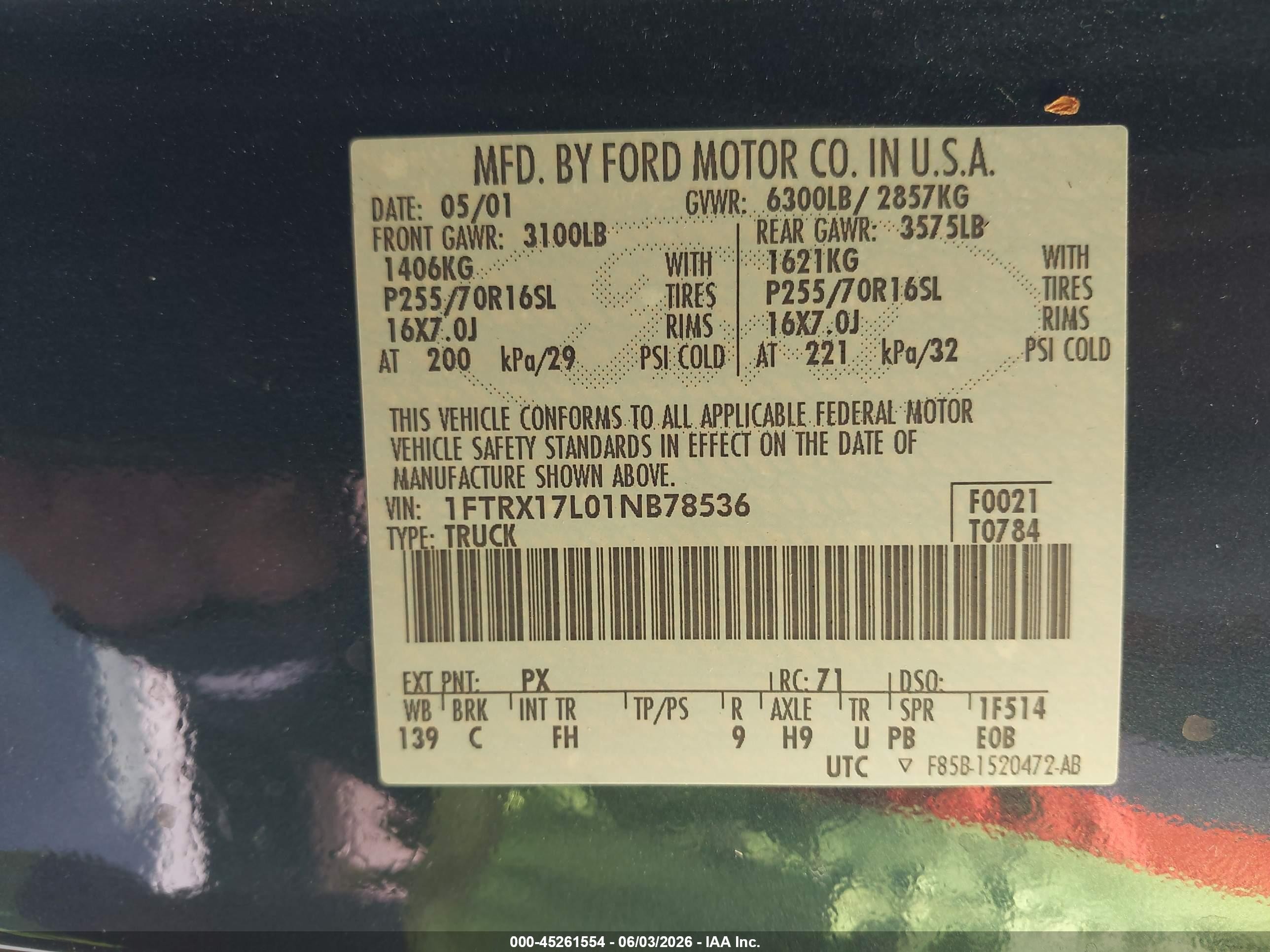 2001 Ford F-150 Lariat/xl/xlt Green vin: 1FTRX17L01NB78536