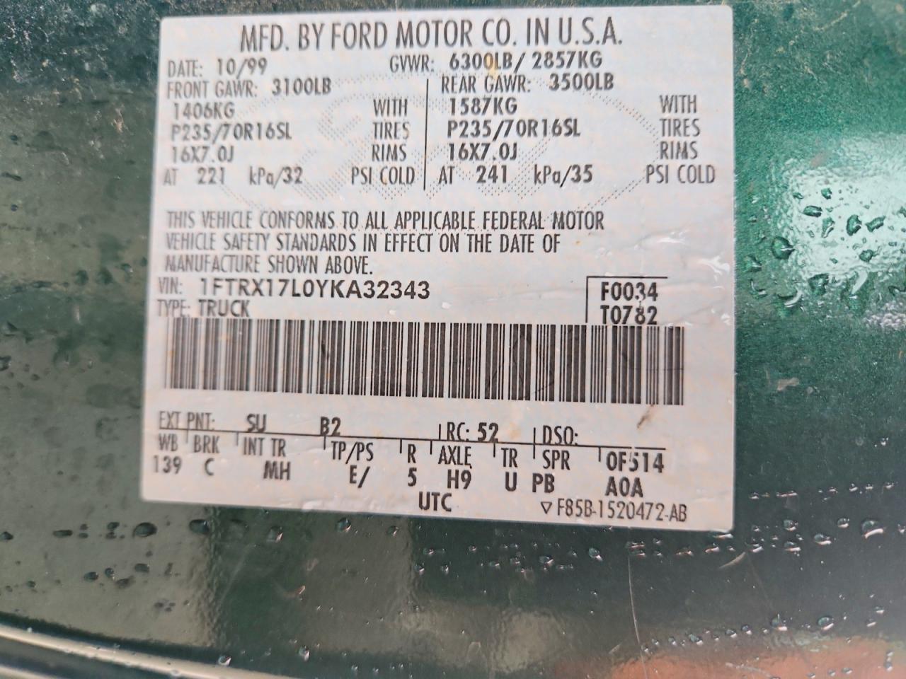 2000 Ford F150 Green vin: 1FTRX17L0YKA32343