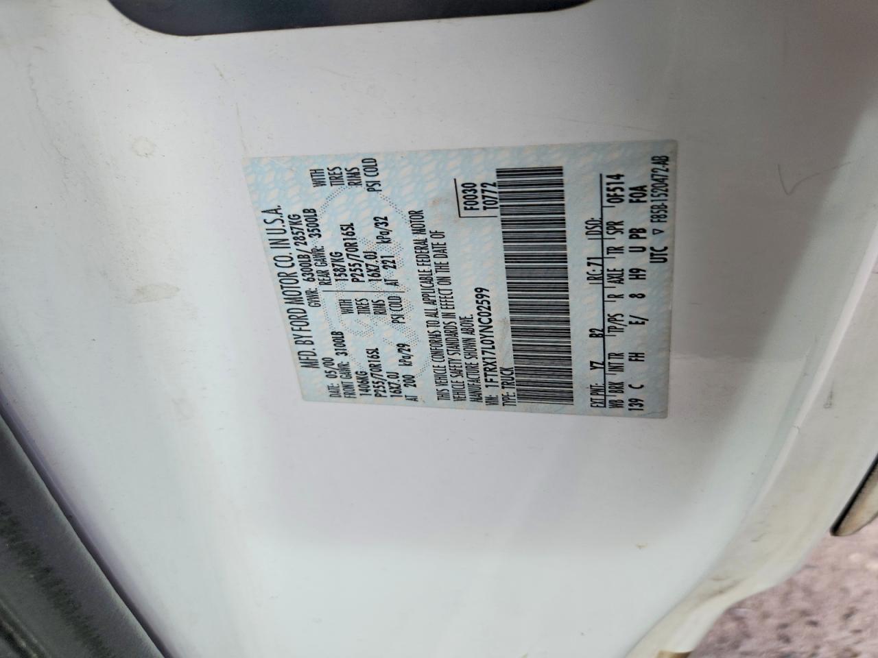 2000 Ford F150 White vin: 1FTRX17L0YNC02599