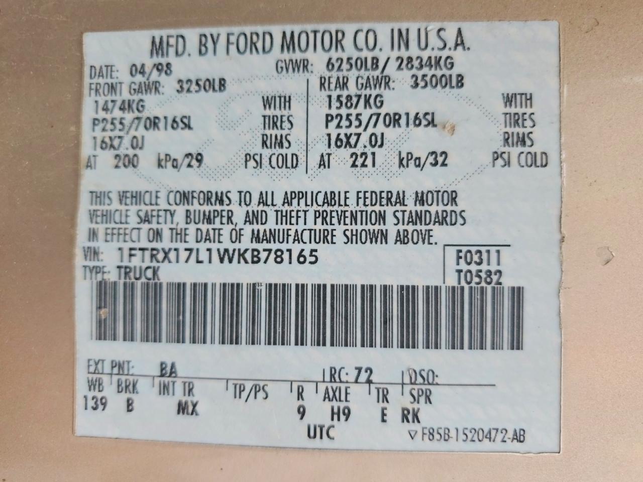 1998 Ford F150 Tan vin: 1FTRX17L1WKB78165