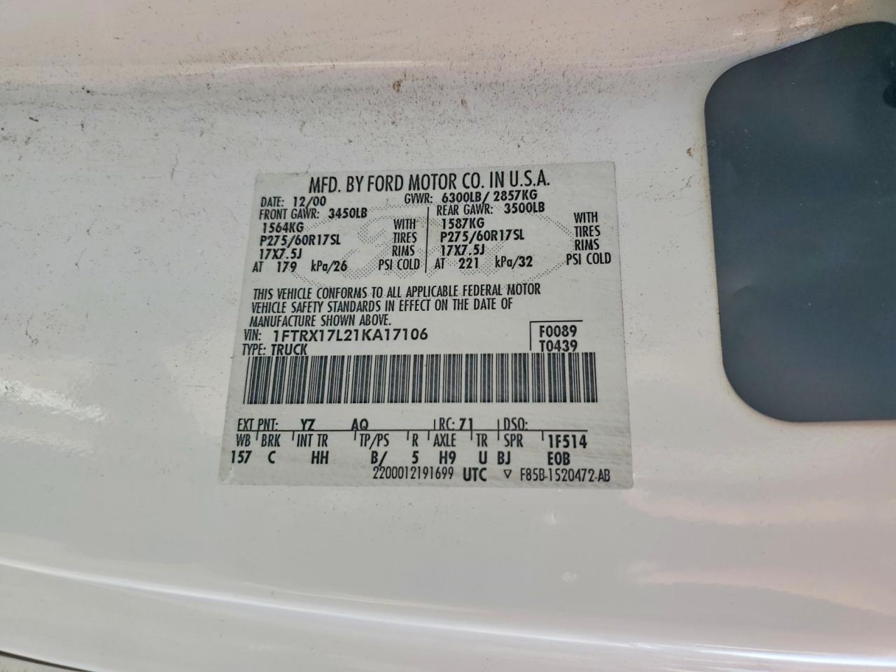 2001 Ford F150 Белый vin: 1FTRX17L21KA17106