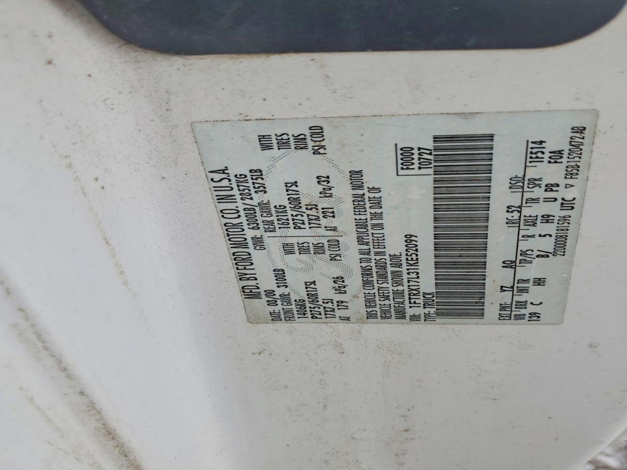 2001 Ford F150 Белый vin: 1FTRX17L31KE52099