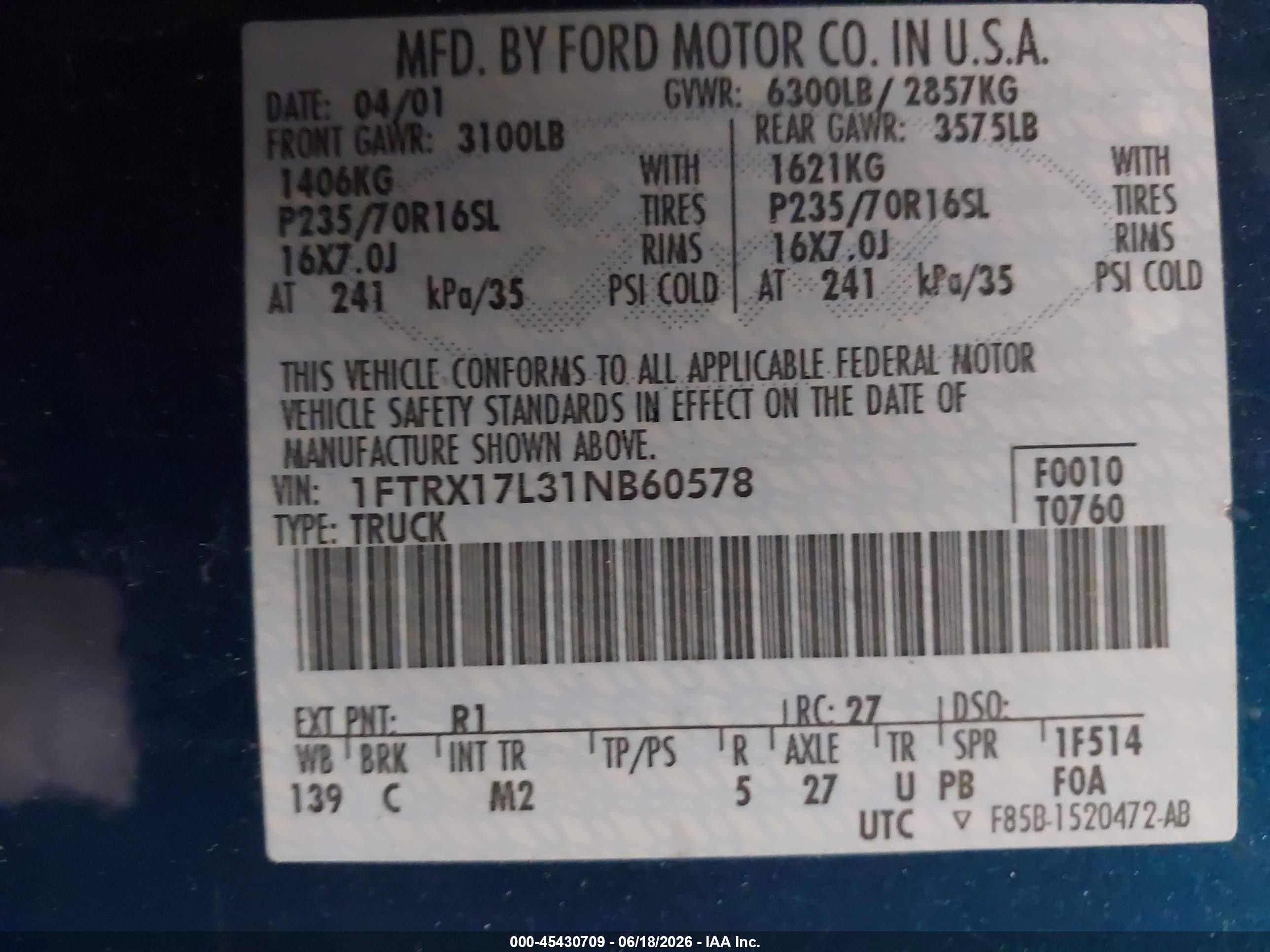 2001 Ford F-150 Lariat/xl/xlt Бирюзовый vin: 1FTRX17L31NB60578