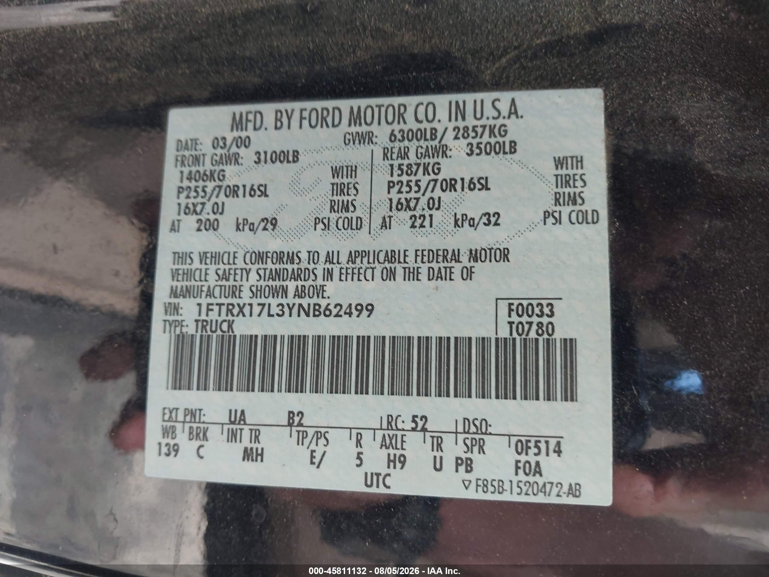 2000 Ford F-150 Lariat/work Series/xl/xlt Black vin: 1FTRX17L3YNB62499