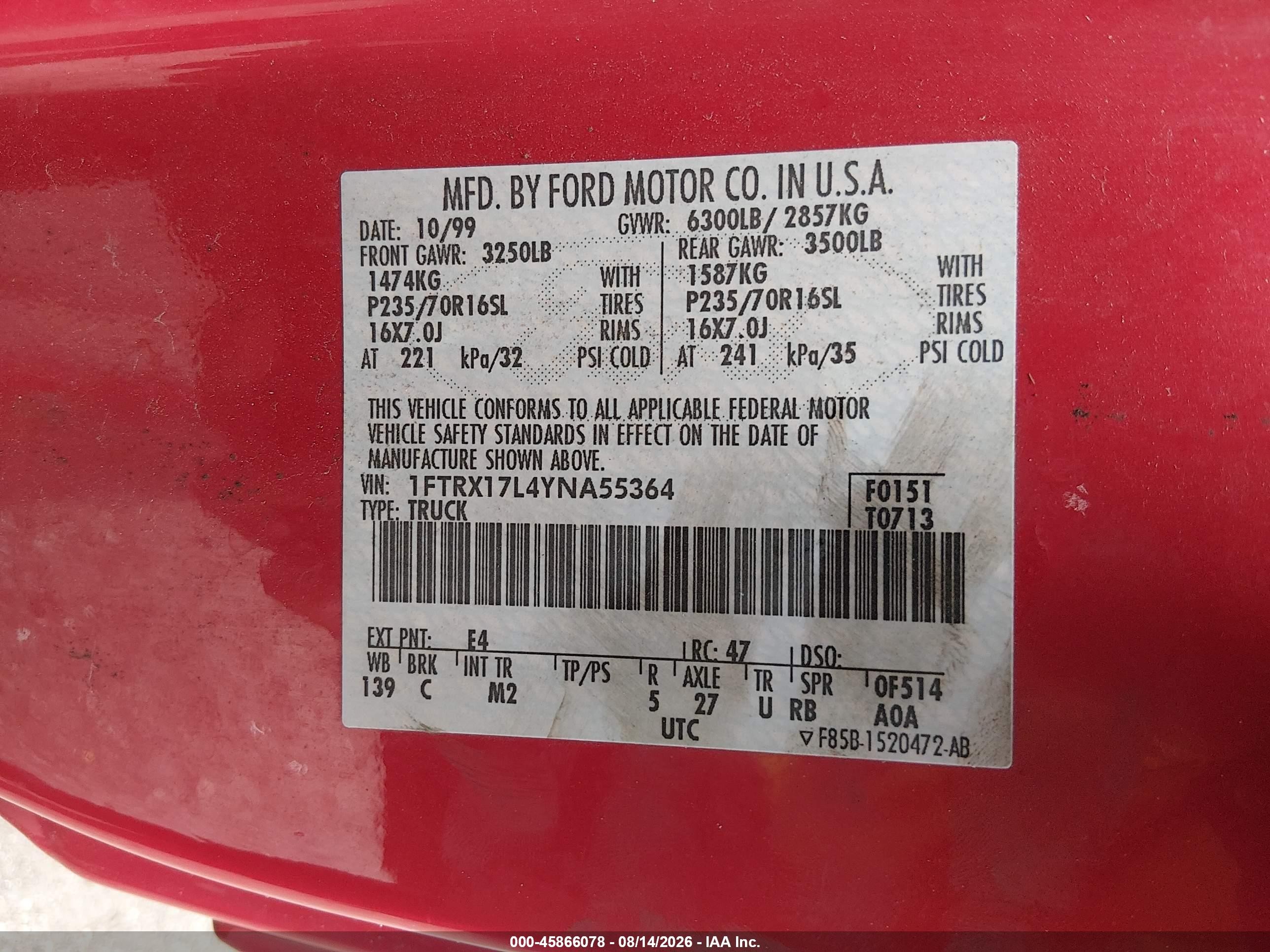 2000 Ford F-150 Lariat/work Series/xl/xlt Red vin: 1FTRX17L4YNA55364