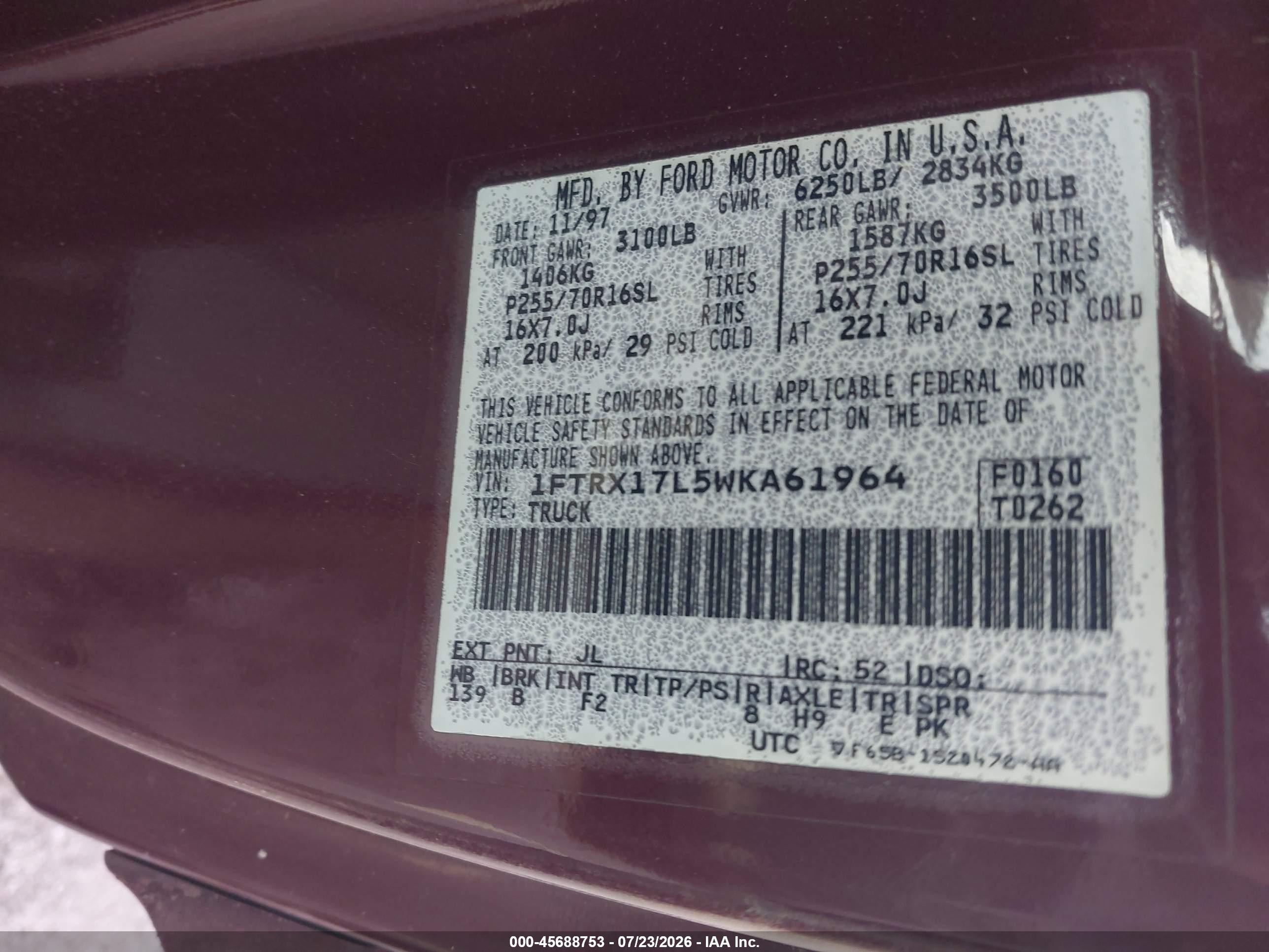 1998 Ford F-150 Lariat/xl/xlt Red vin: 1FTRX17L5WKA61964