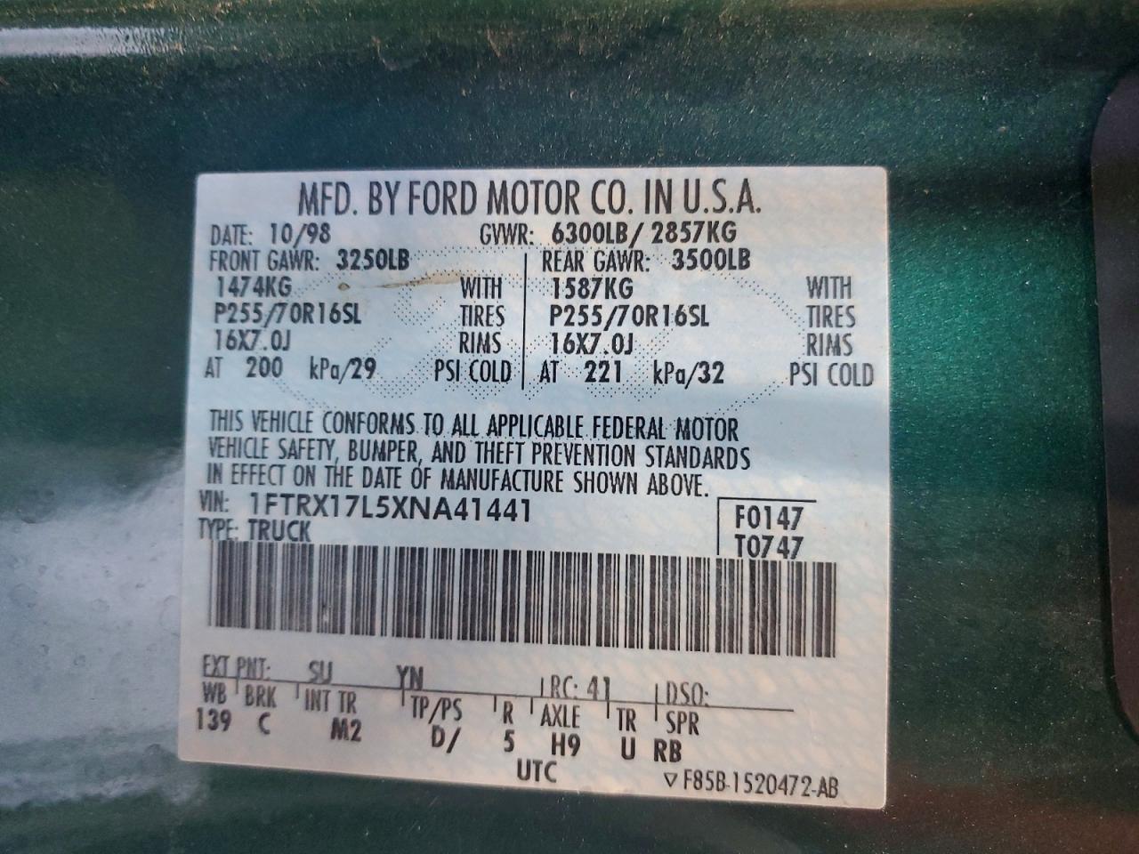 1999 Ford F150 Зеленый vin: 1FTRX17L5XNA41441