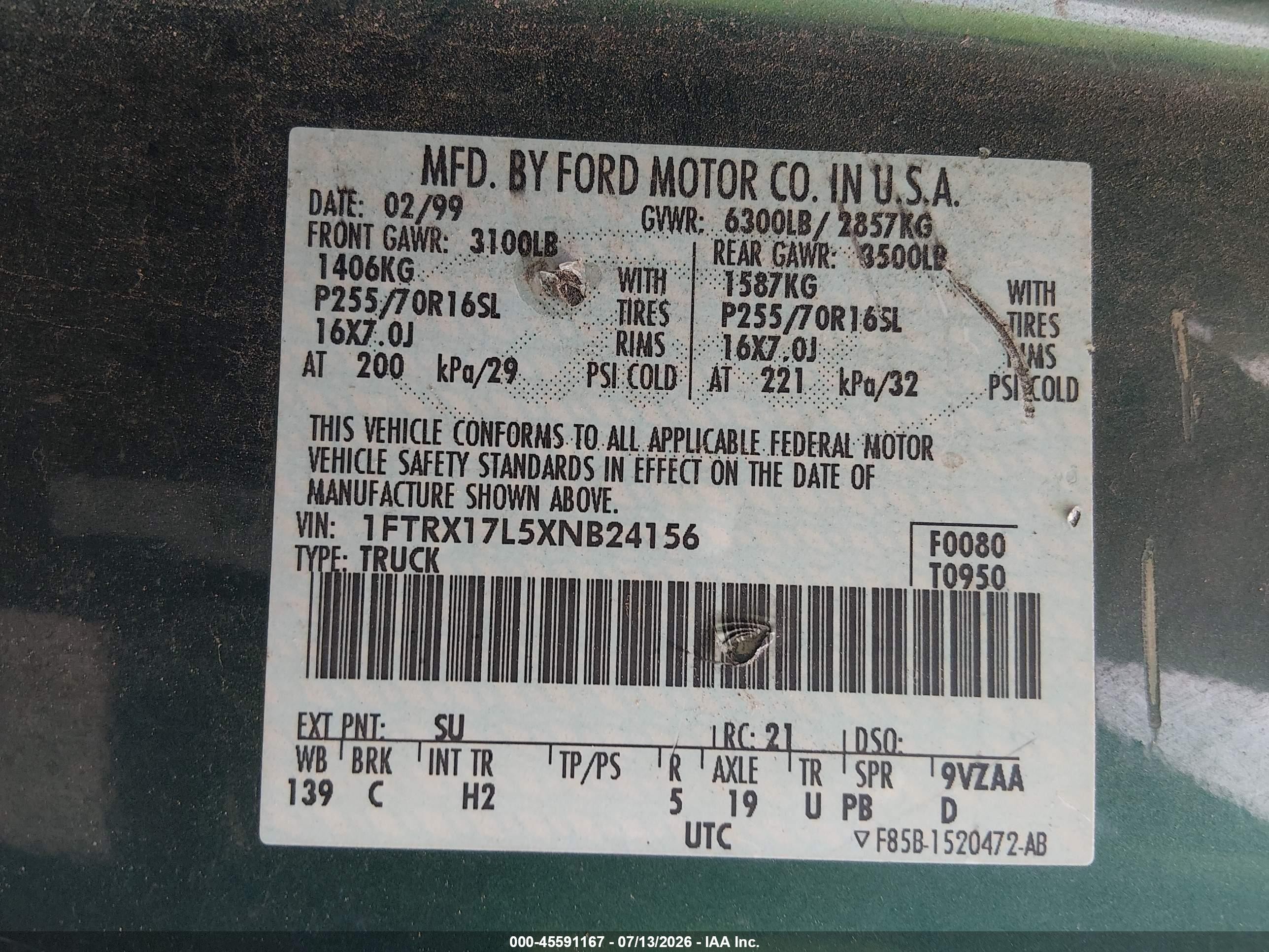 1999 Ford F-150 Lariat/xl/xlt Green vin: 1FTRX17L5XNB24156
