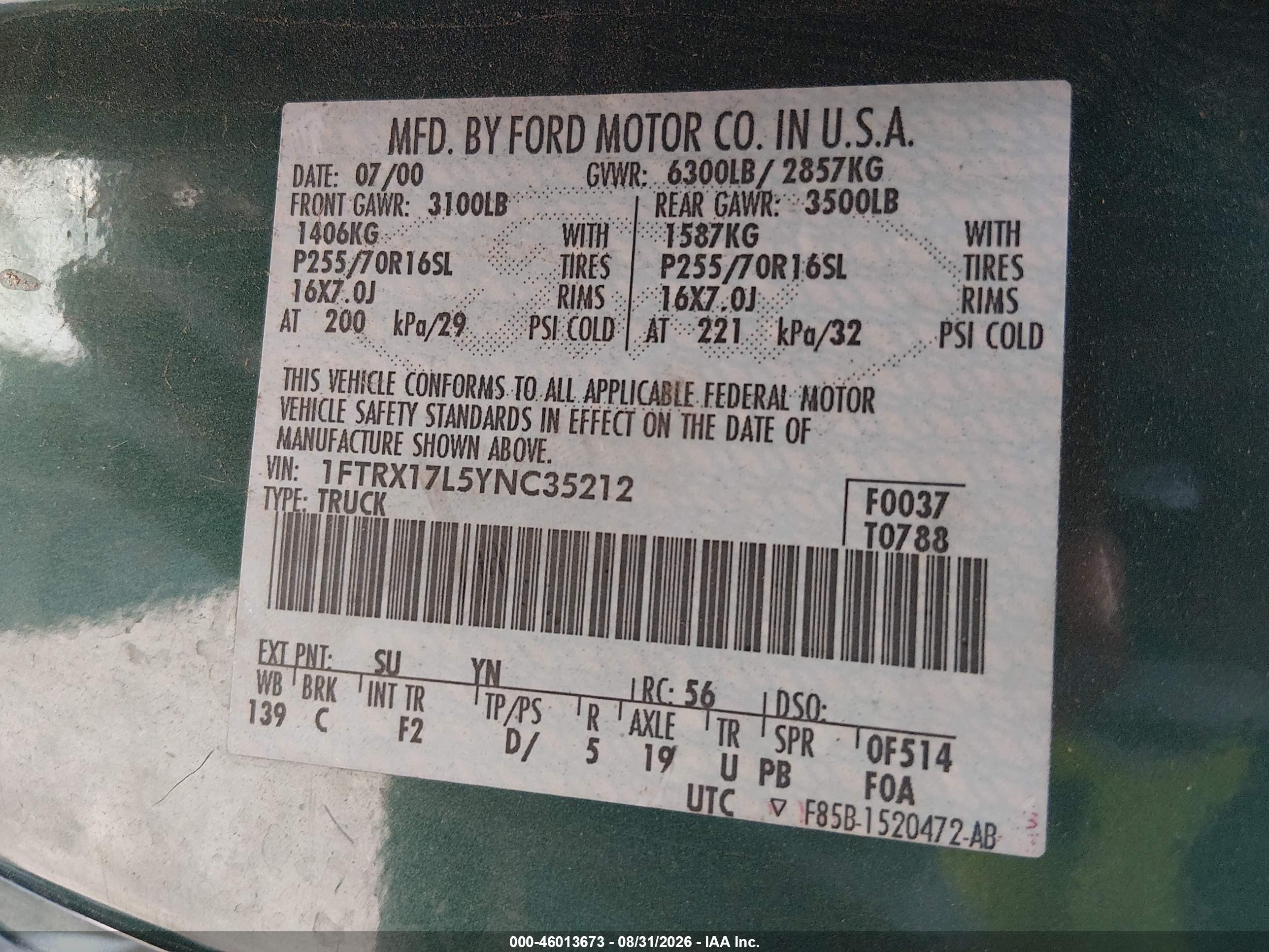 2000 Ford F-150 Lariat/work Series/xl/xlt Green vin: 1FTRX17L5YNC35212
