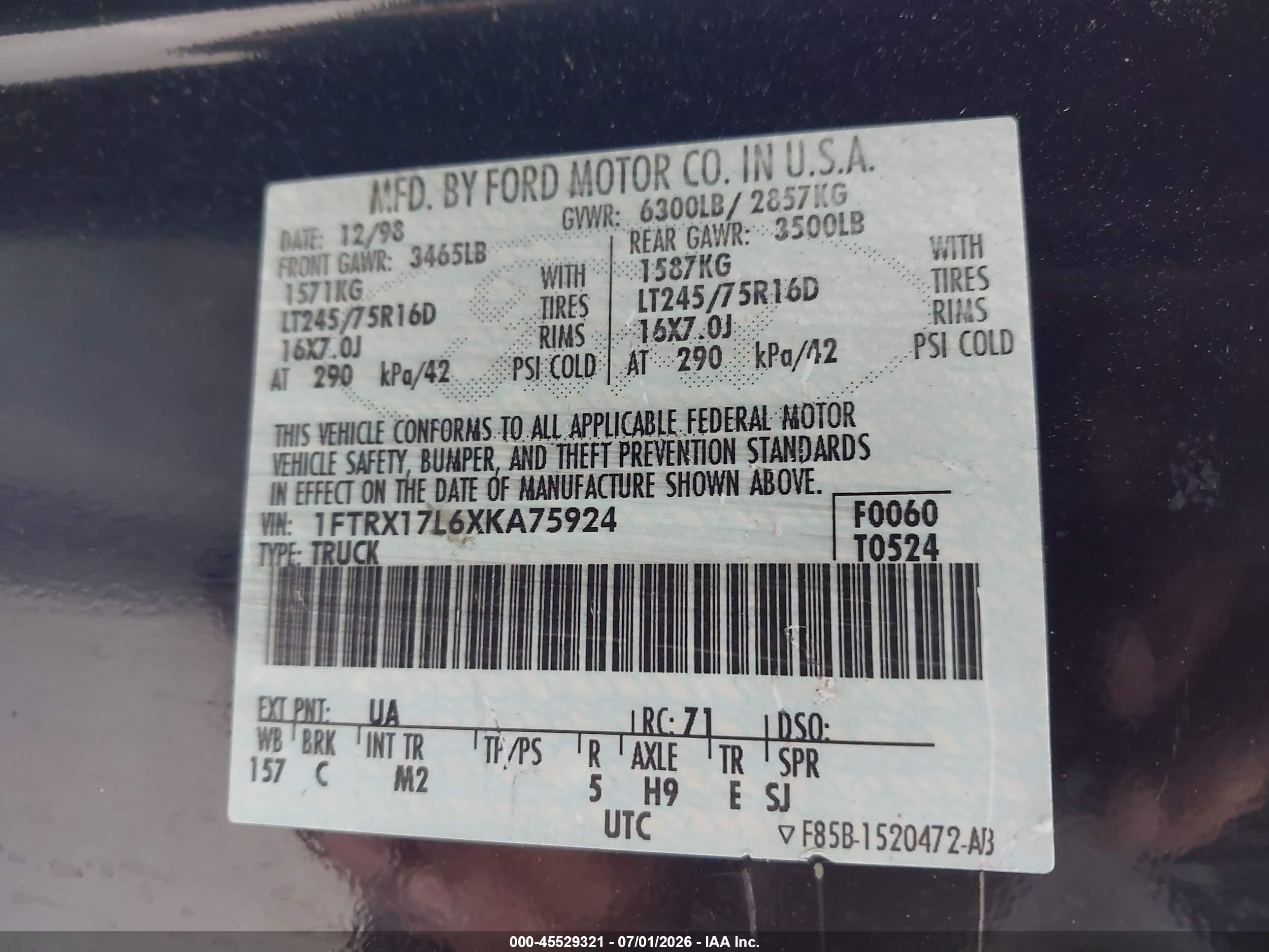 1999 Ford F-150 Lariat/xl/xlt Black vin: 1FTRX17L6XKA75924