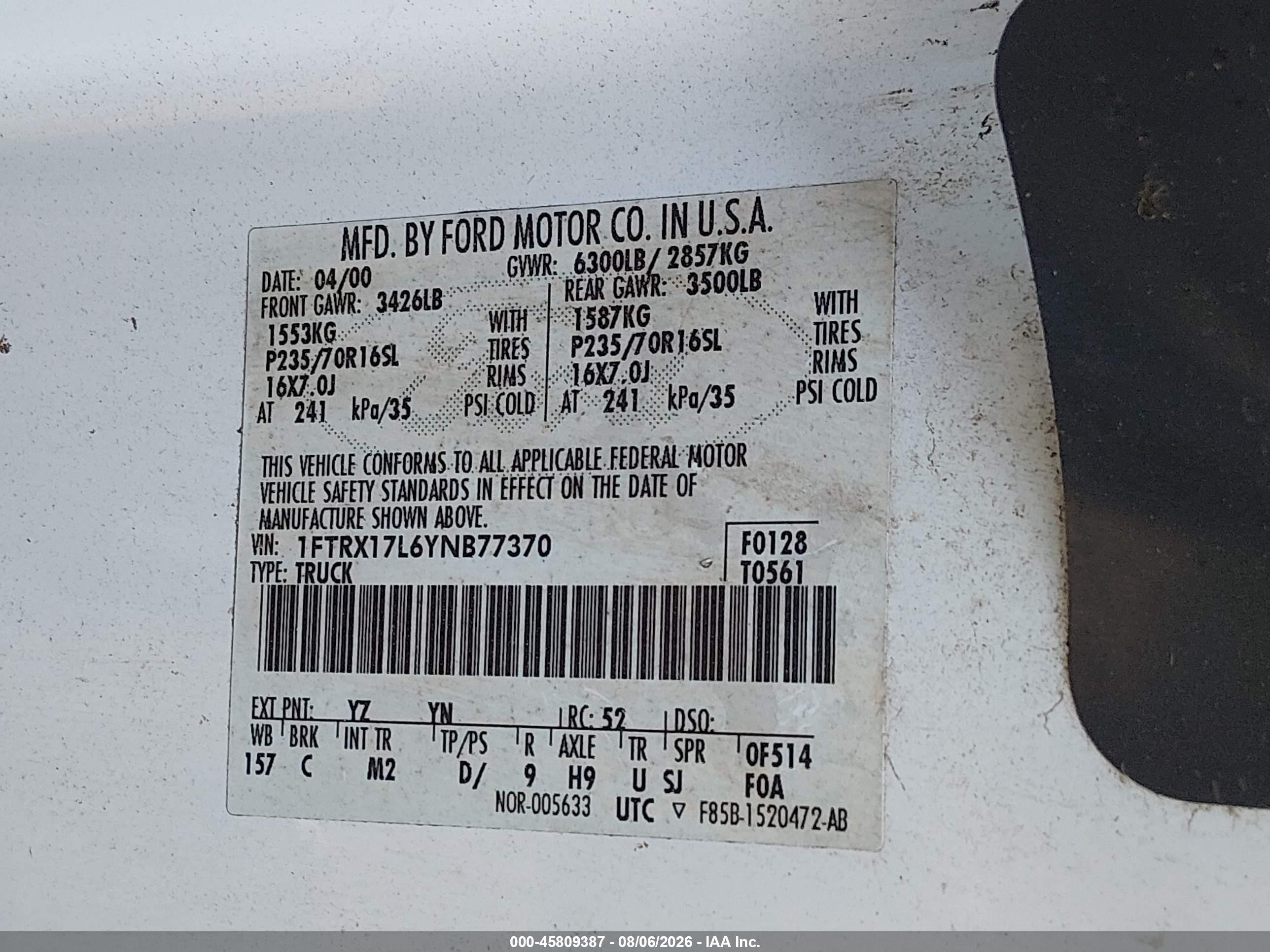 2000 Ford F-150 Lariat/work Series/xl/xlt Белый vin: 1FTRX17L6YNB77370