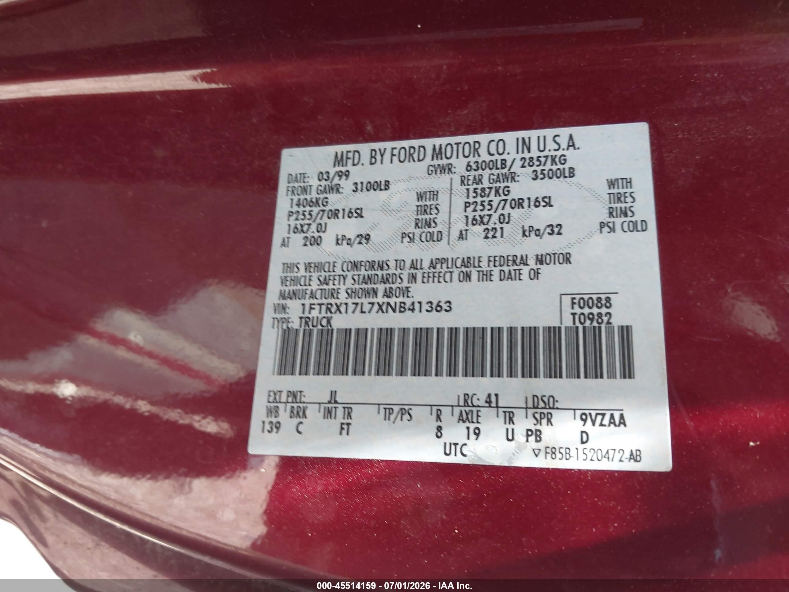 1999 Ford F-150 Lariat/xl/xlt Maroon vin: 1FTRX17L7XNB41363
