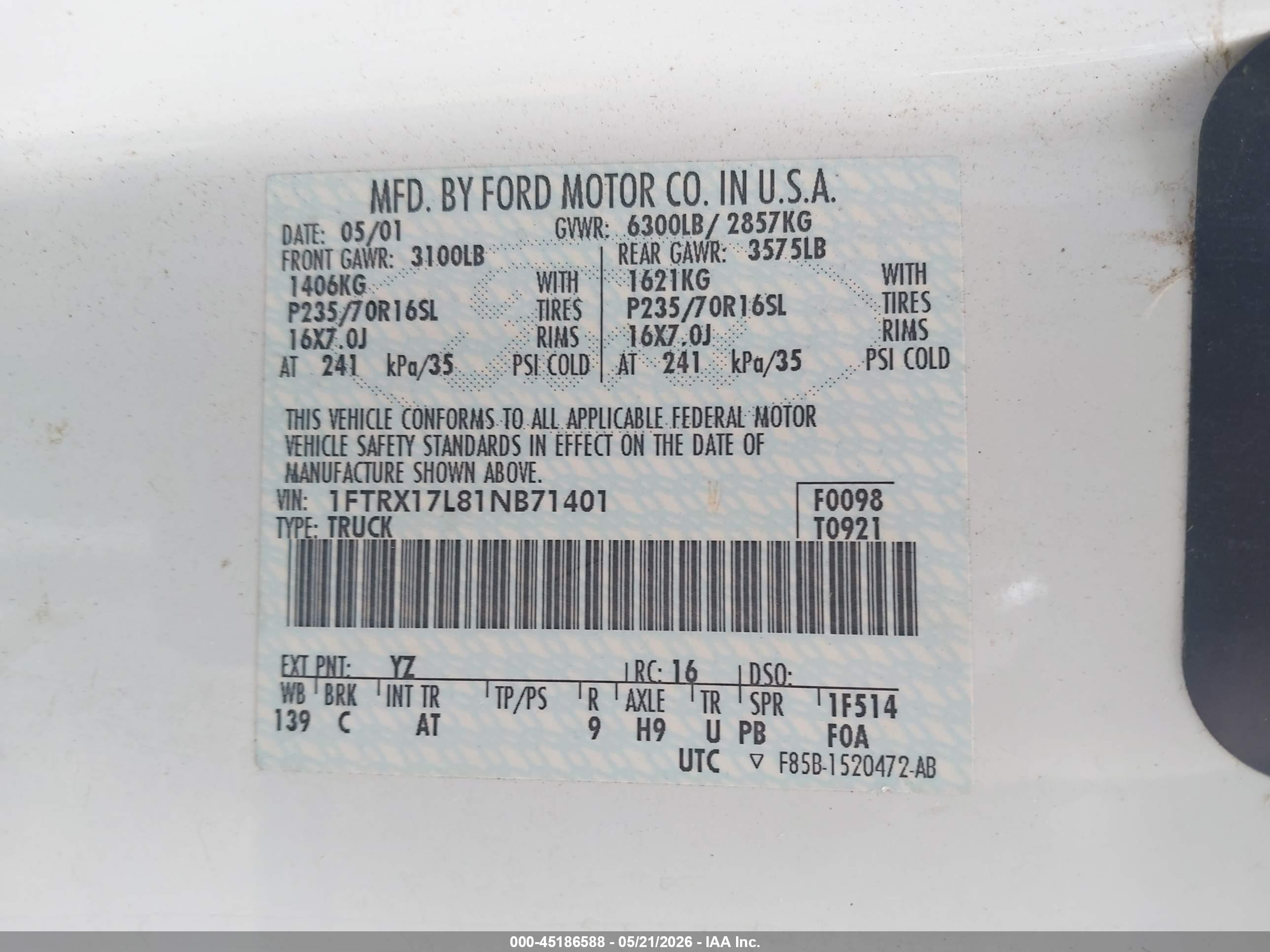 2001 Ford F-150 Lariat/xl/xlt White vin: 1FTRX17L81NB71401