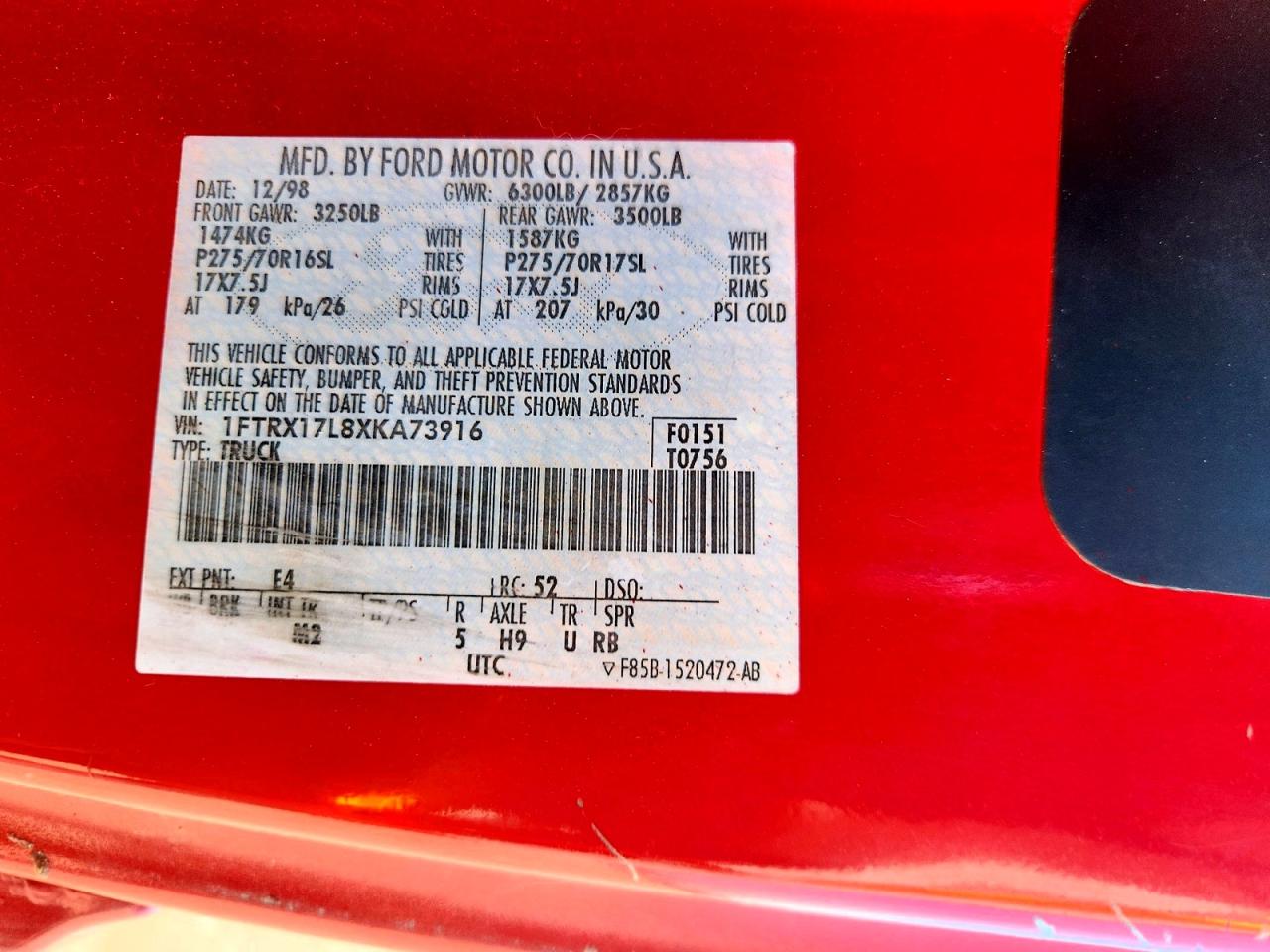 1999 Ford F150 Красный vin: 1FTRX17L8XKA73916