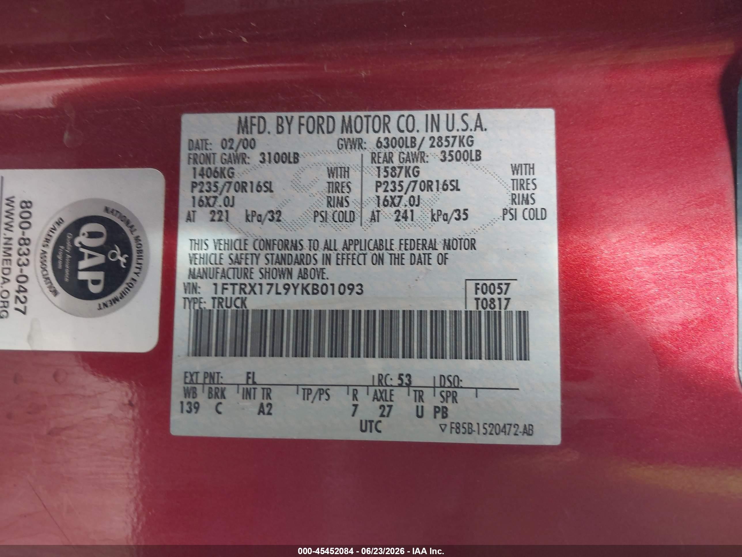 2000 Ford F-150 Lariat/work Series/xl/xlt Red vin: 1FTRX17L9YKB01093