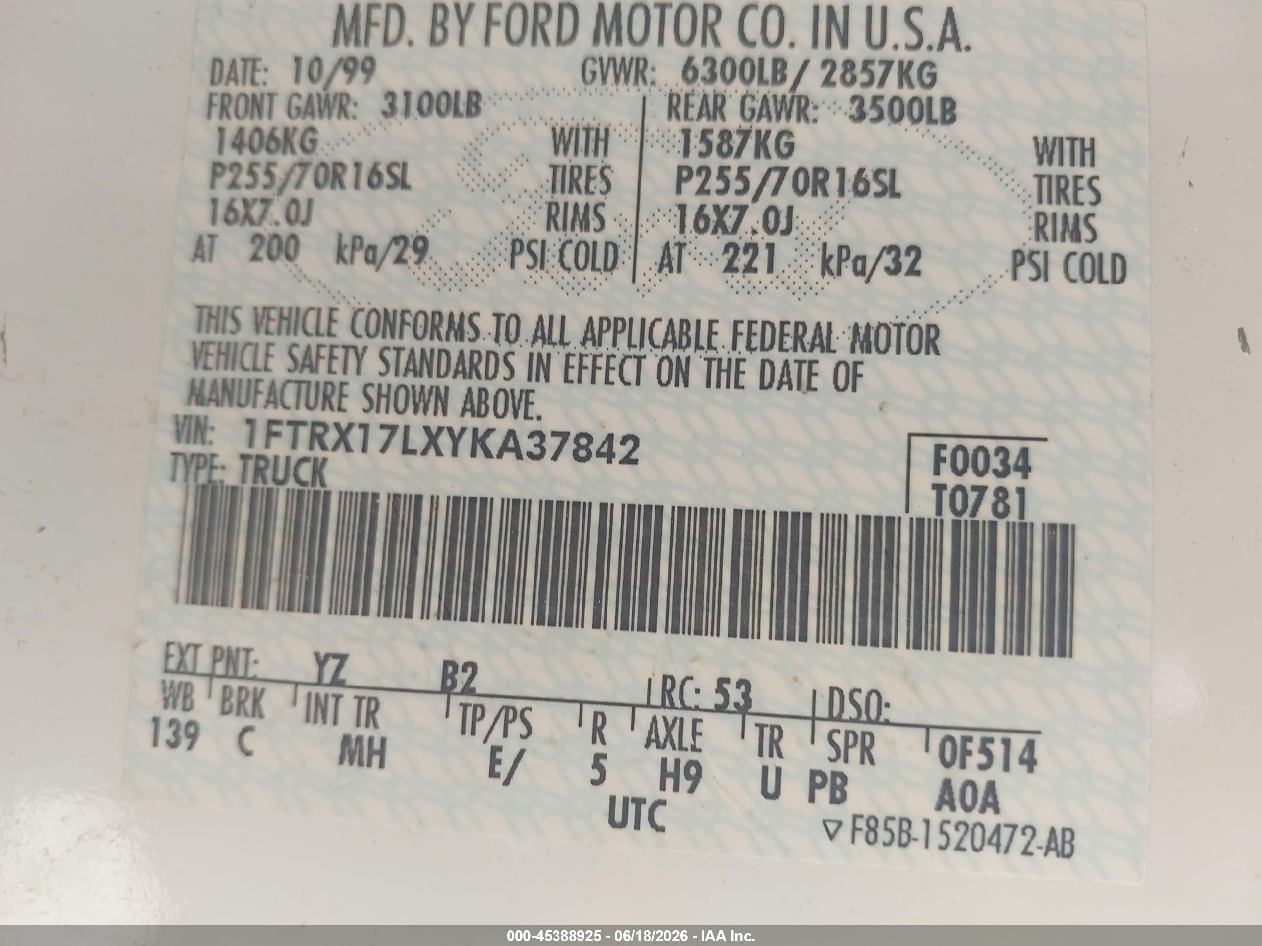 2000 Ford F-150 Lariat/work Series/xl/xlt White vin: 1FTRX17LXYKA37842