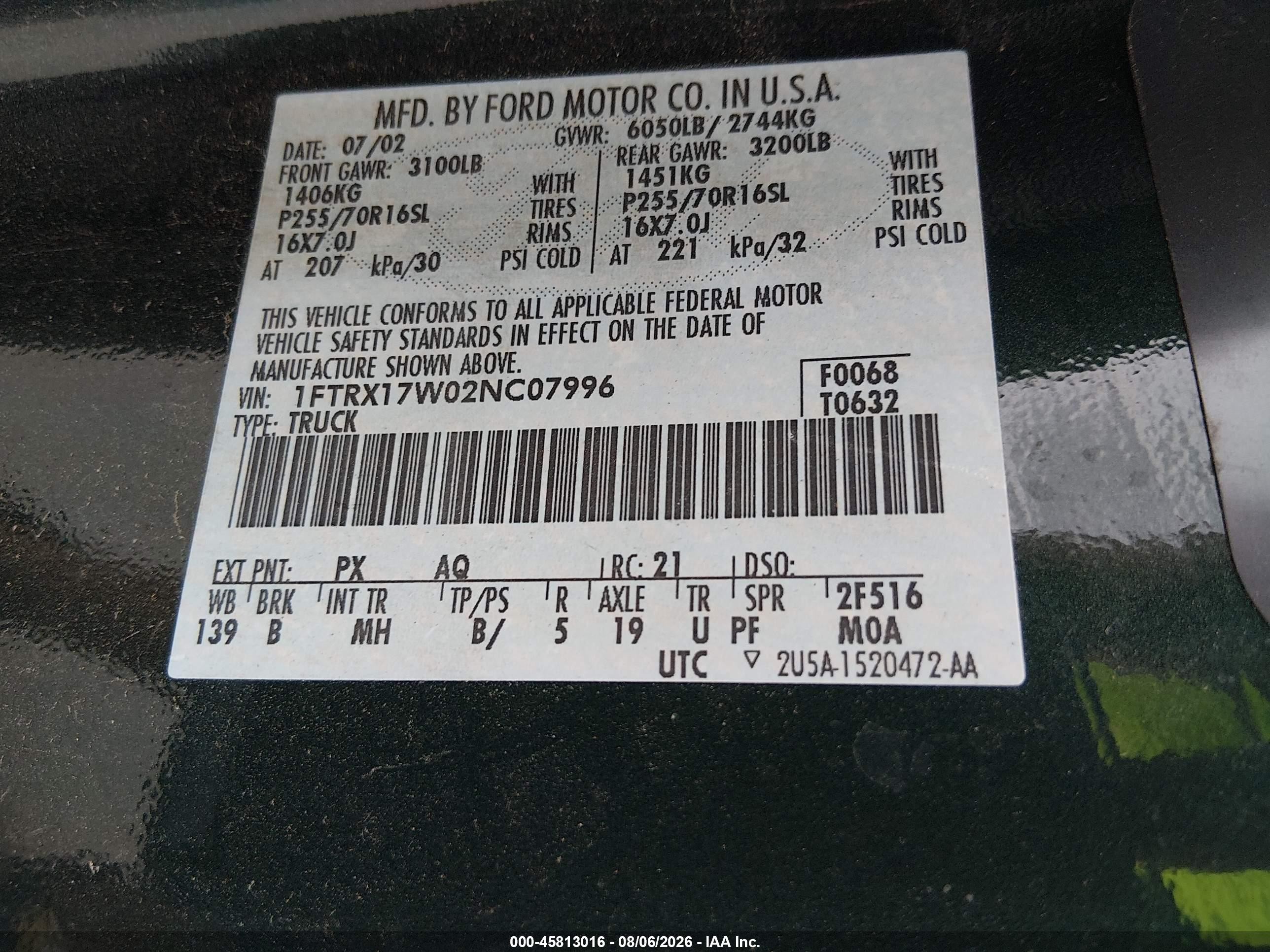 2002 Ford F-150 Lariat/xl/xlt Green vin: 1FTRX17W02NC07996