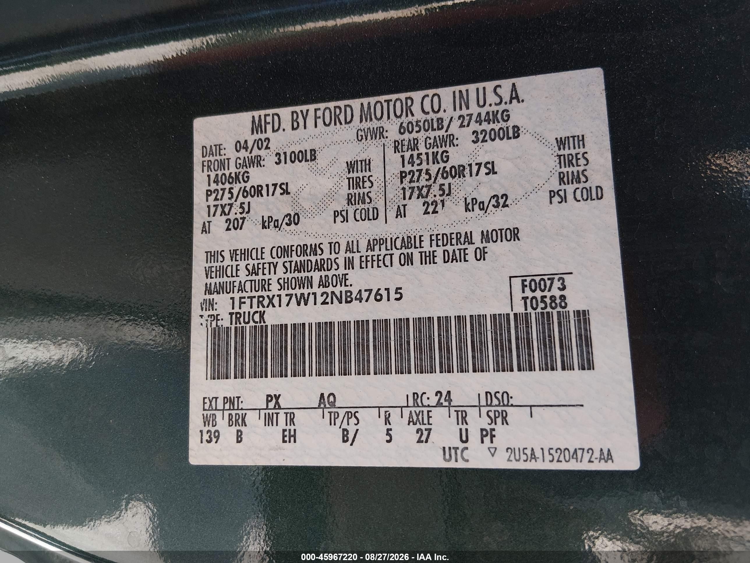 2002 Ford F-150 Lariat/xl/xlt Green vin: 1FTRX17W12NB47615