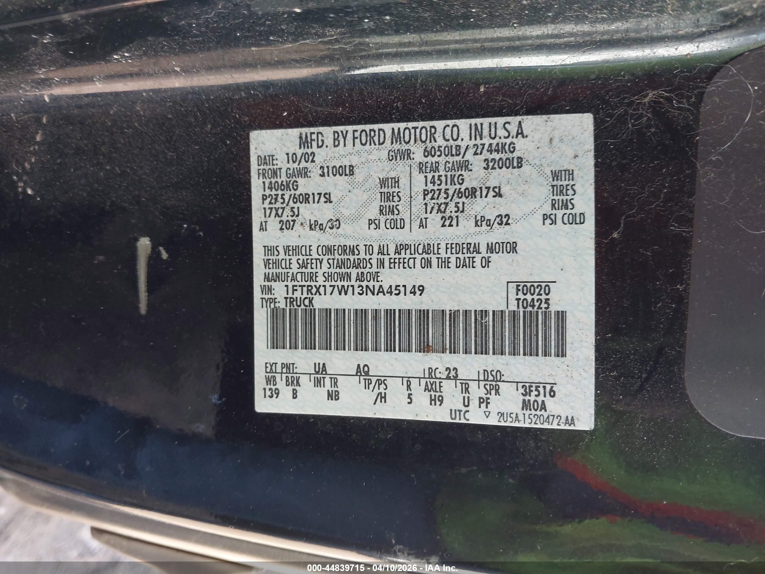 2003 Ford F-150 Lariat/xl/xlt Black vin: 1FTRX17W13NA45149