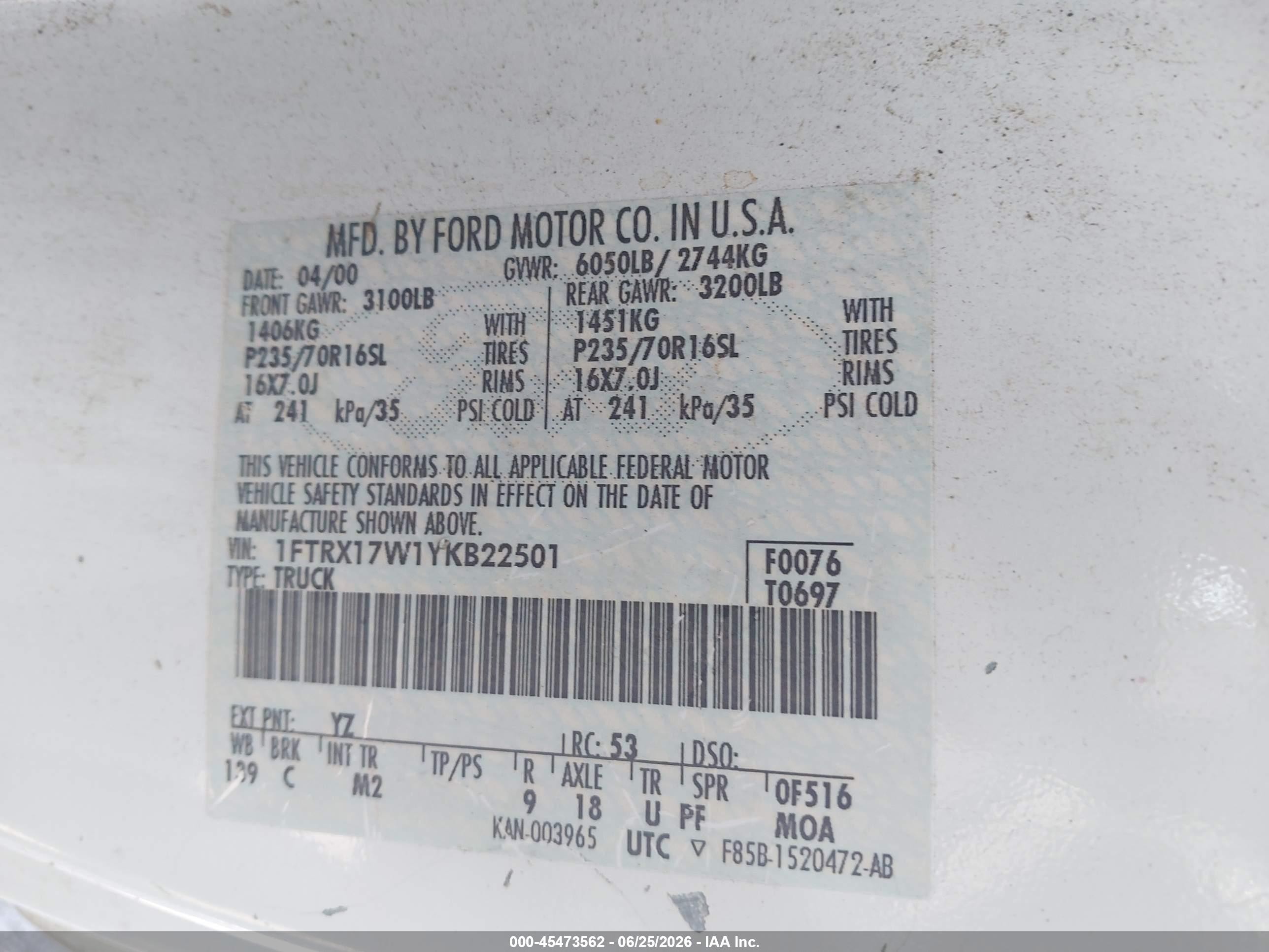 2000 Ford F-150 Lariat/work Series/xl/xlt White vin: 1FTRX17W1YKB22501