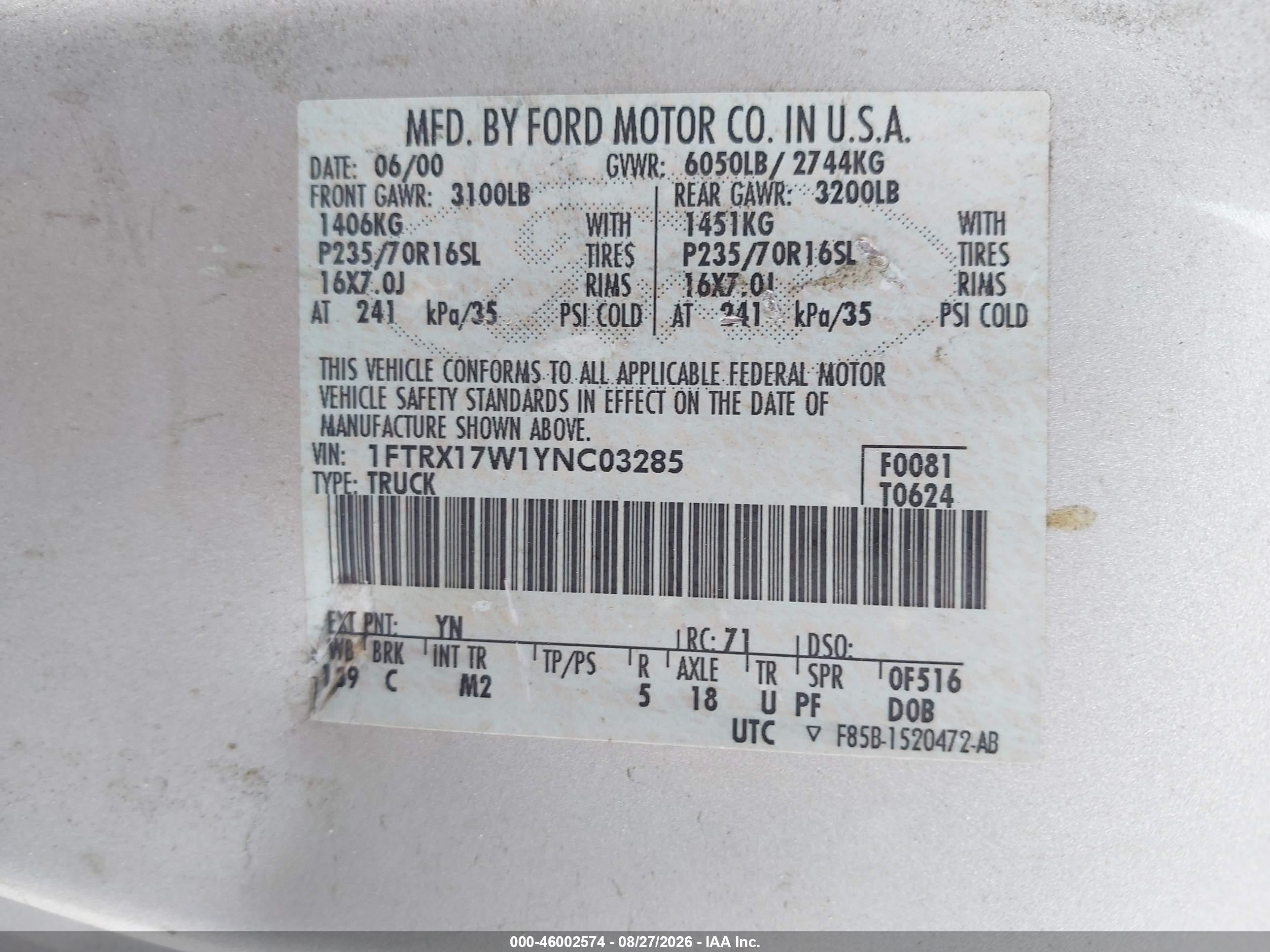 2000 Ford F-150 Lariat/work Series/xl/xlt Gray vin: 1FTRX17W1YNC03285