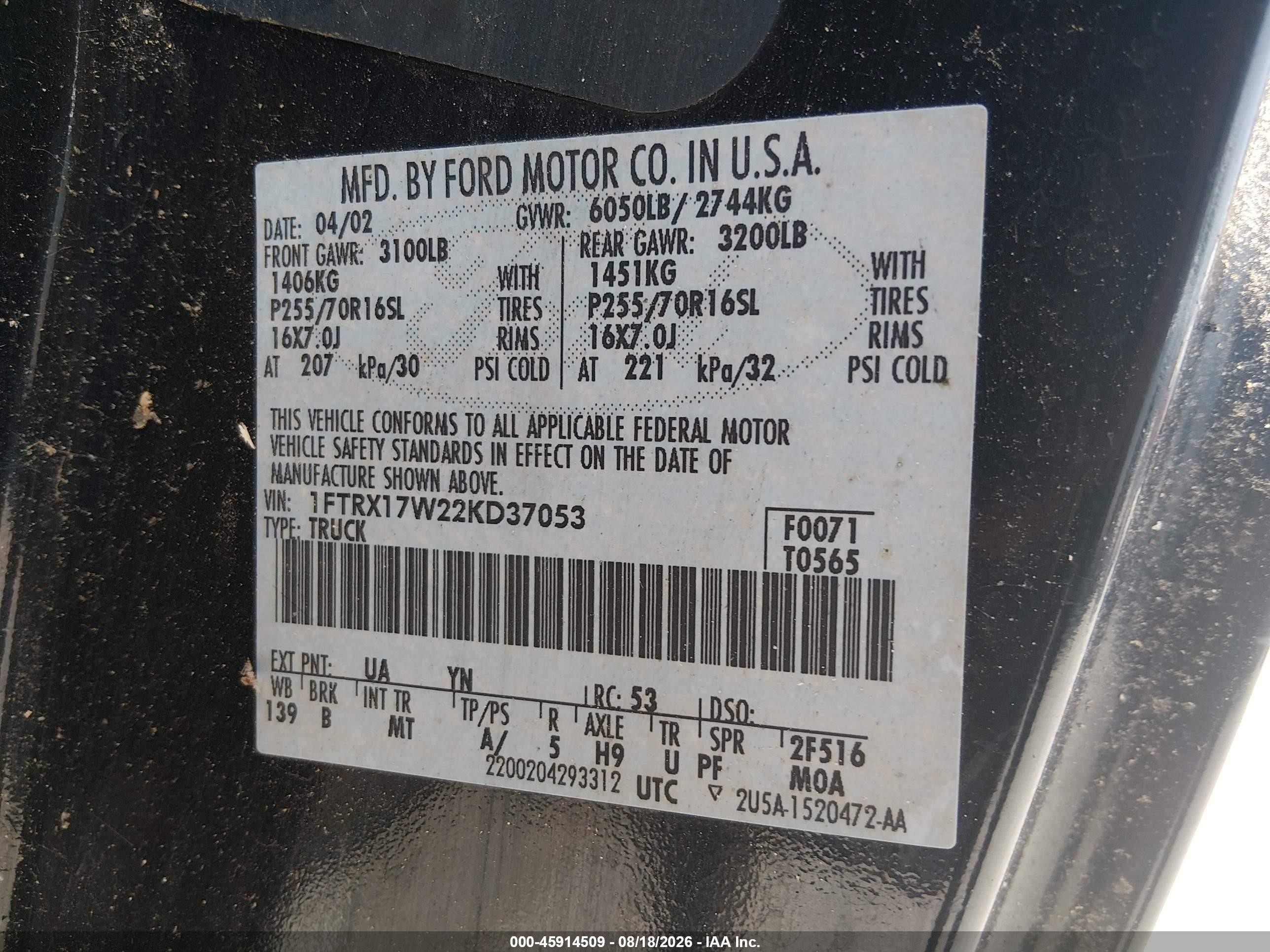 2002 Ford F-150 Lariat/xl/xlt Black vin: 1FTRX17W22KD37053