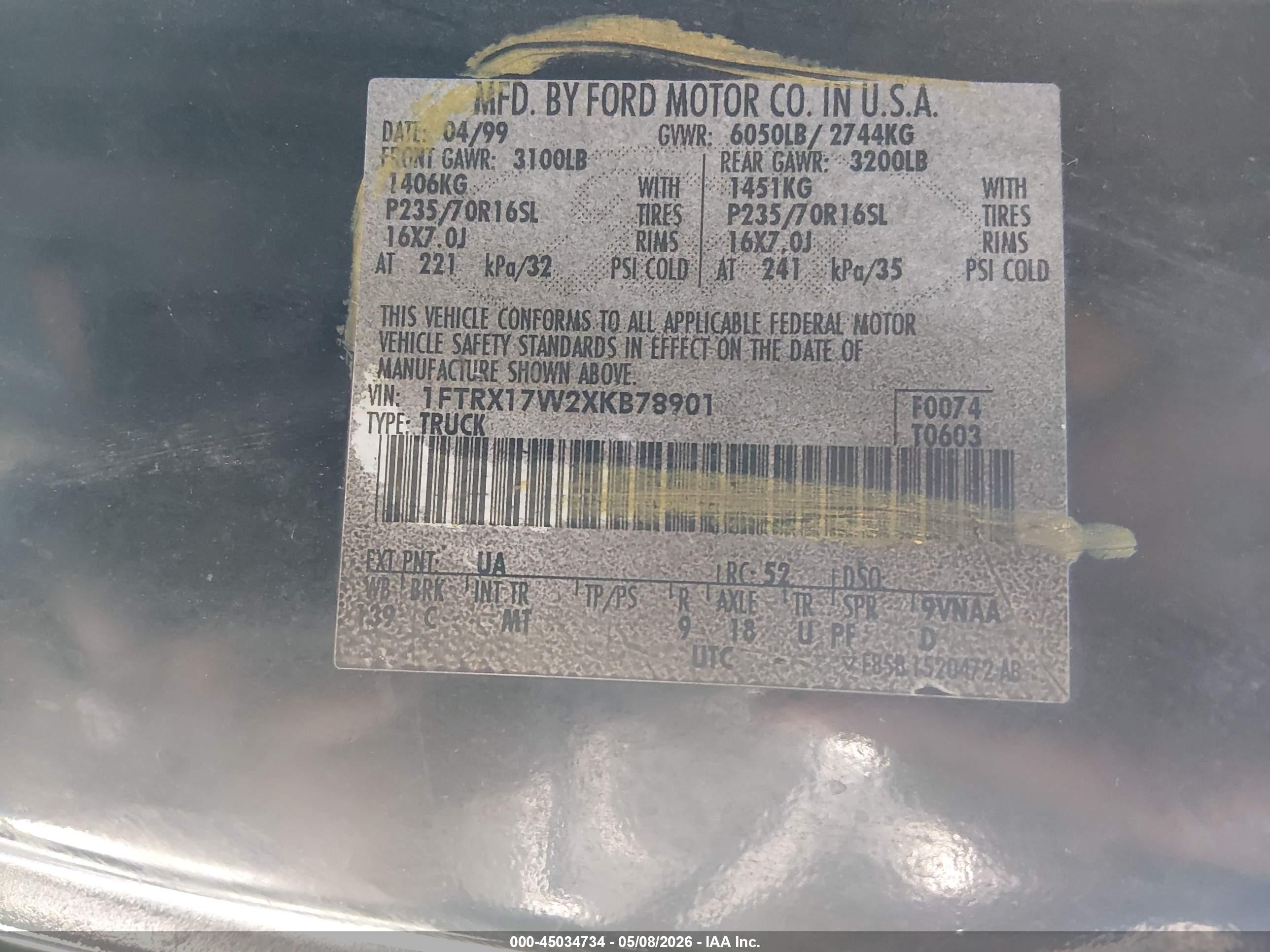 1999 Ford F-150 Lariat/work Series/xl/xlt Черный vin: 1FTRX17W2XKB78901