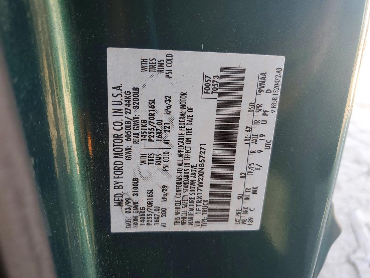 1999 Ford F150 Green vin: 1FTRX17W2XNB57271