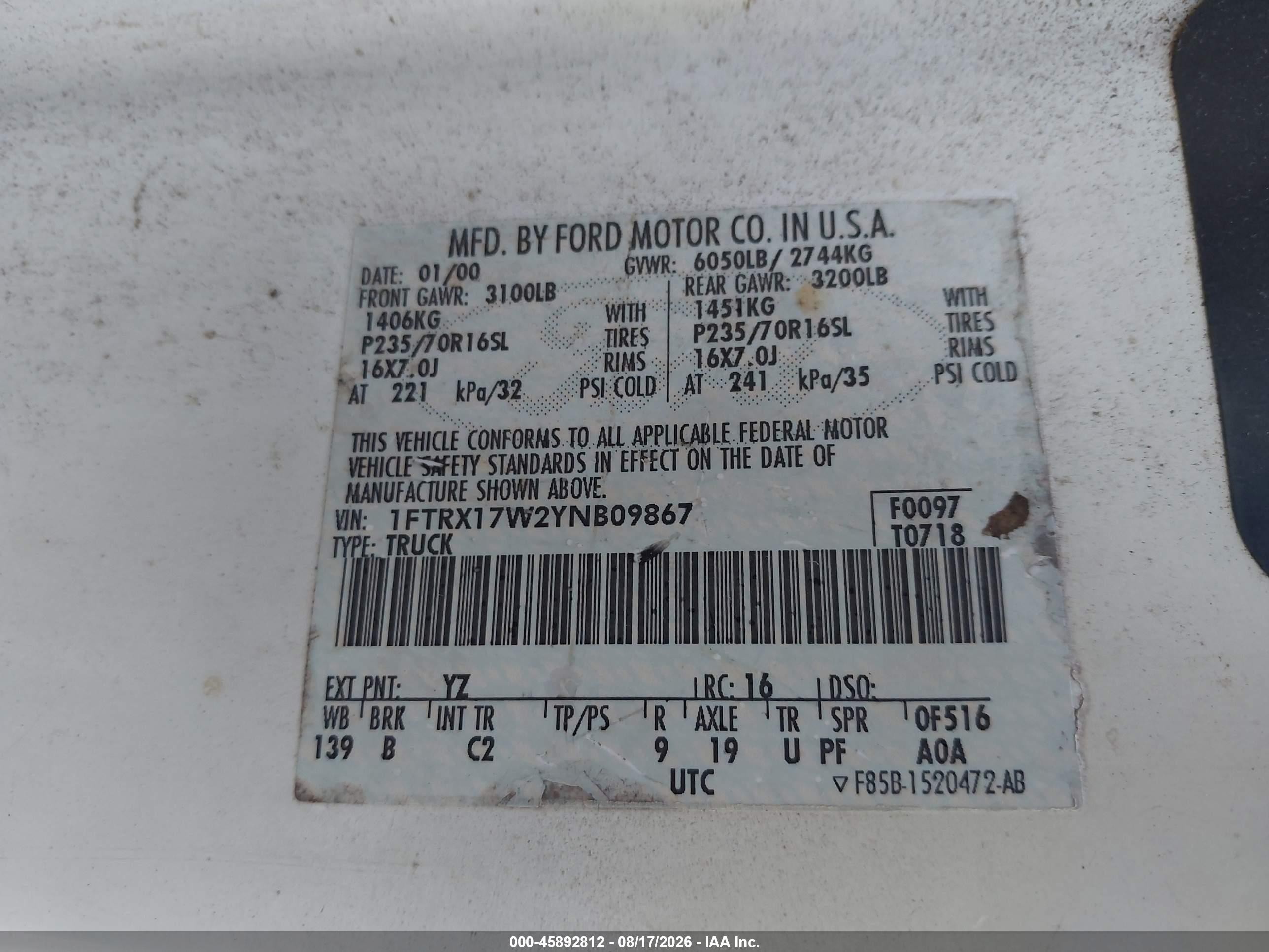 2000 Ford F-150 Lariat/work Series/xl/xlt White vin: 1FTRX17W2YNB09867