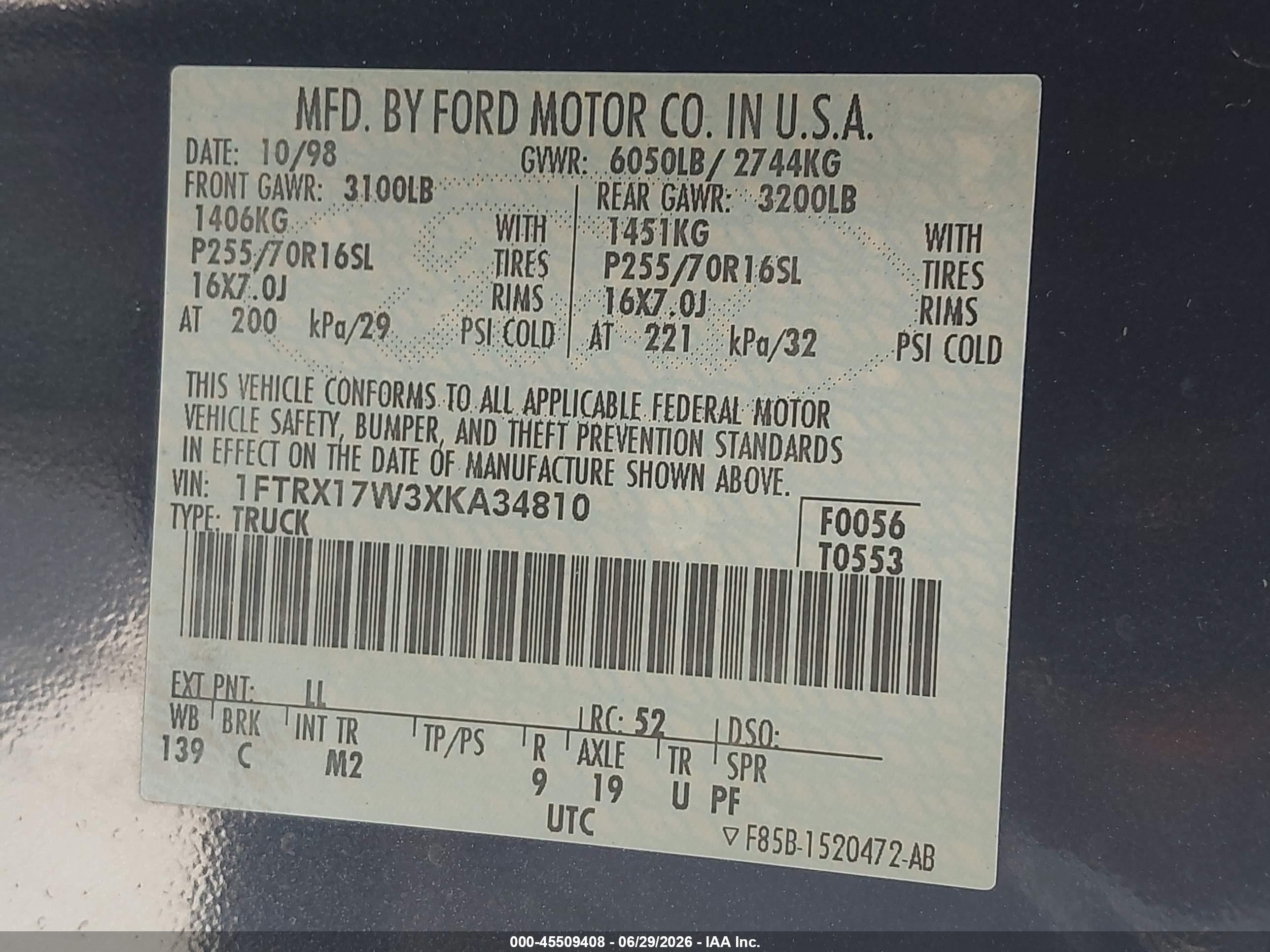 1999 Ford F-150 Lariat/work Series/xl/xlt Dark Blue vin: 1FTRX17W3XKA34810