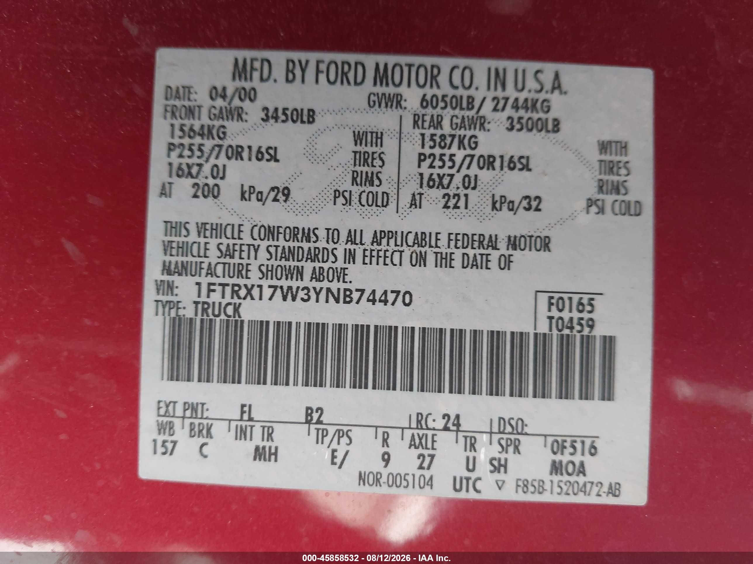 2000 Ford F-150 Lariat/work Series/xl/xlt Red vin: 1FTRX17W3YNB74470