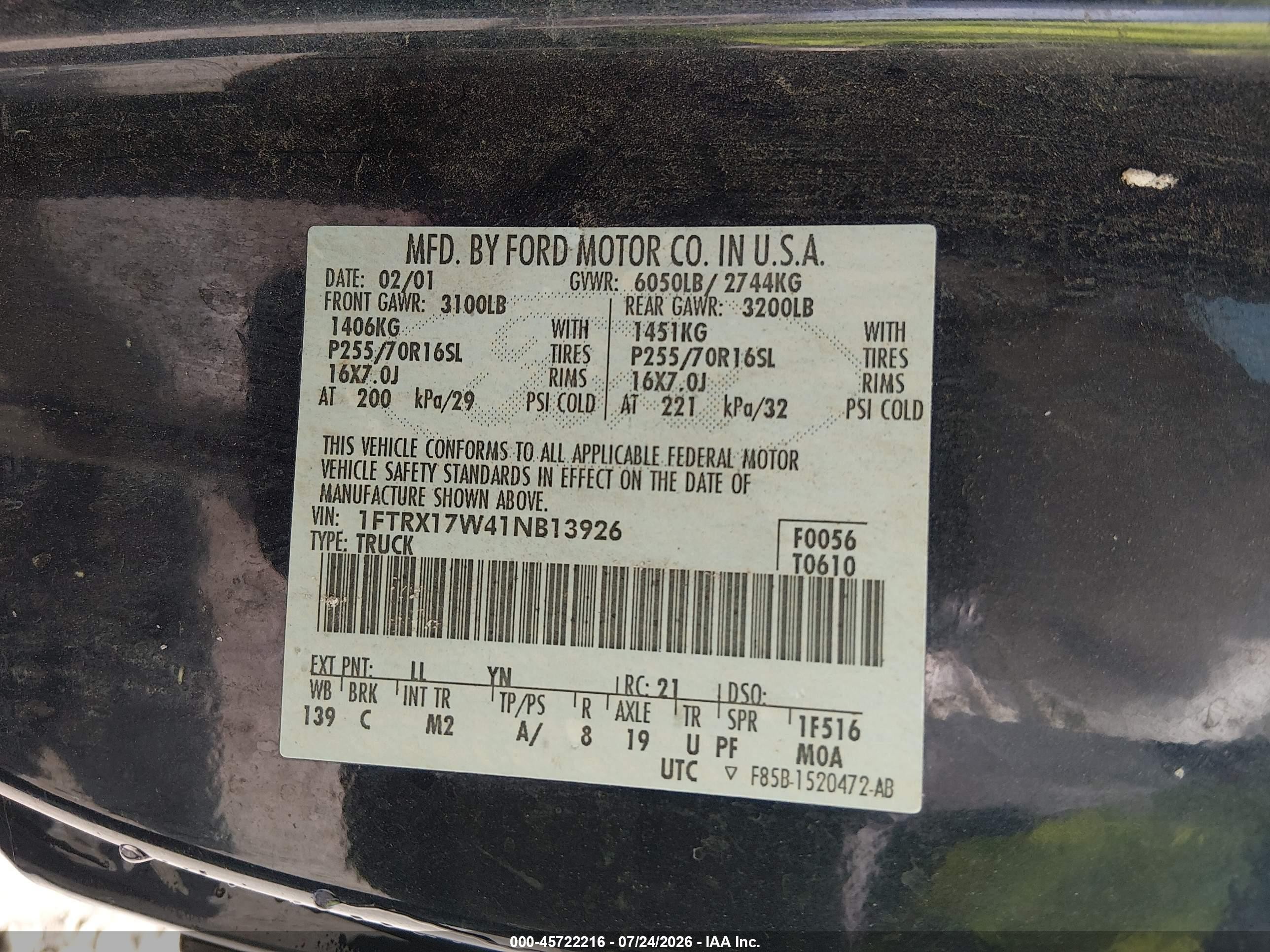 2001 Ford F-150 Lariat/xl/xlt Blue vin: 1FTRX17W41NB13926
