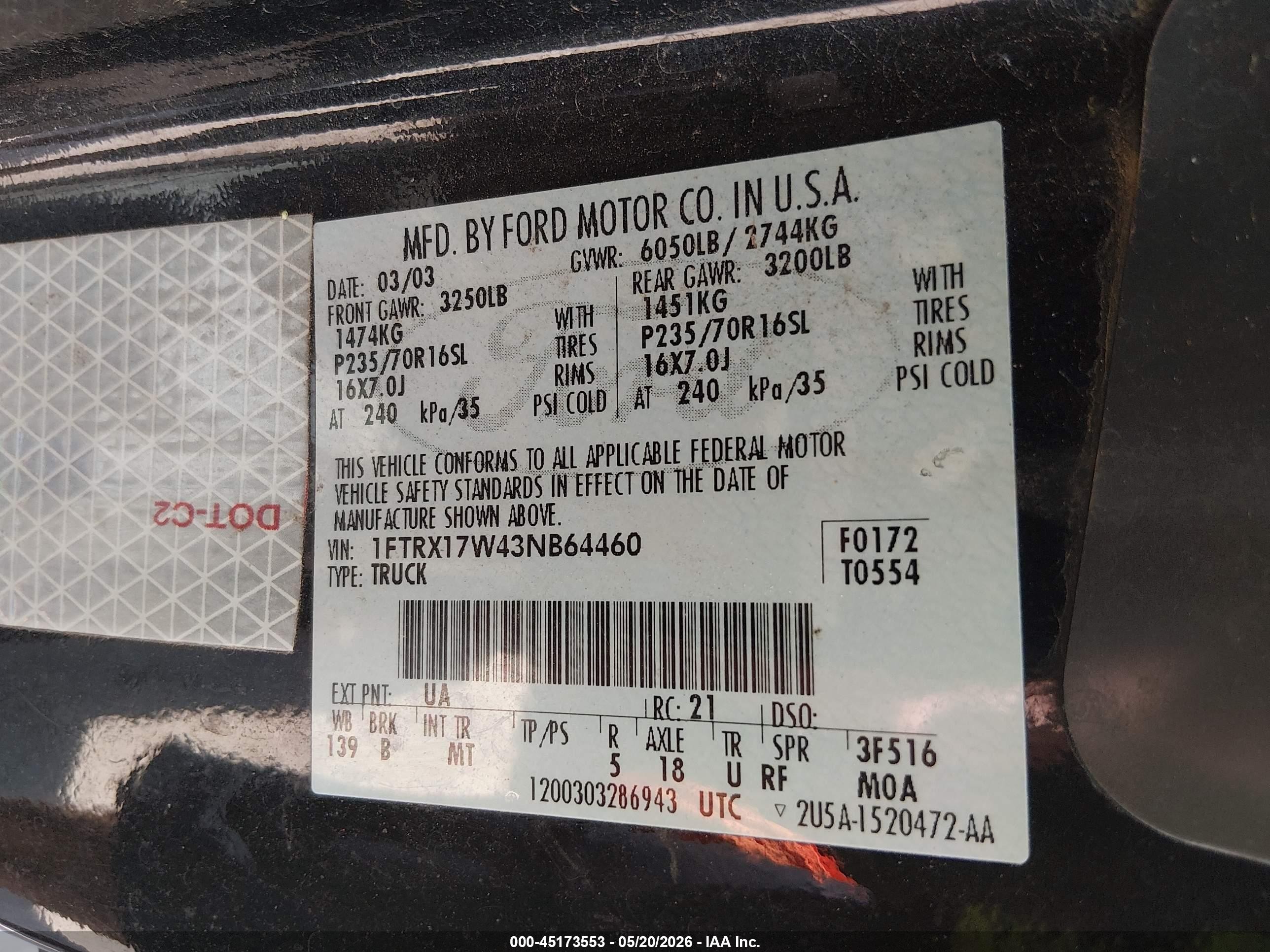 2003 Ford F-150 Lariat/xl/xlt Черный vin: 1FTRX17W43NB64460