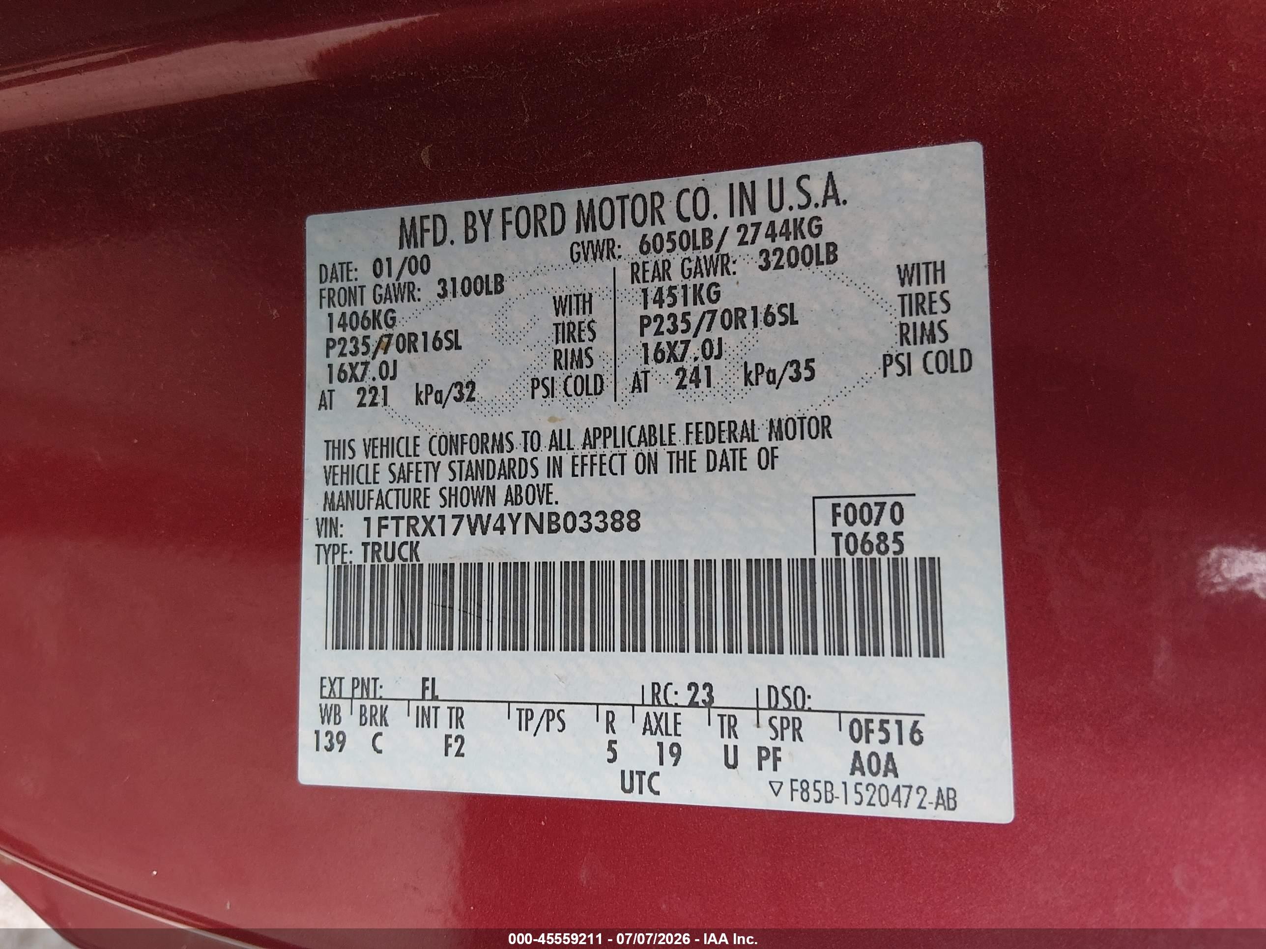 2000 Ford F-150 Lariat/work Series/xl/xlt Red vin: 1FTRX17W4YNB03388
