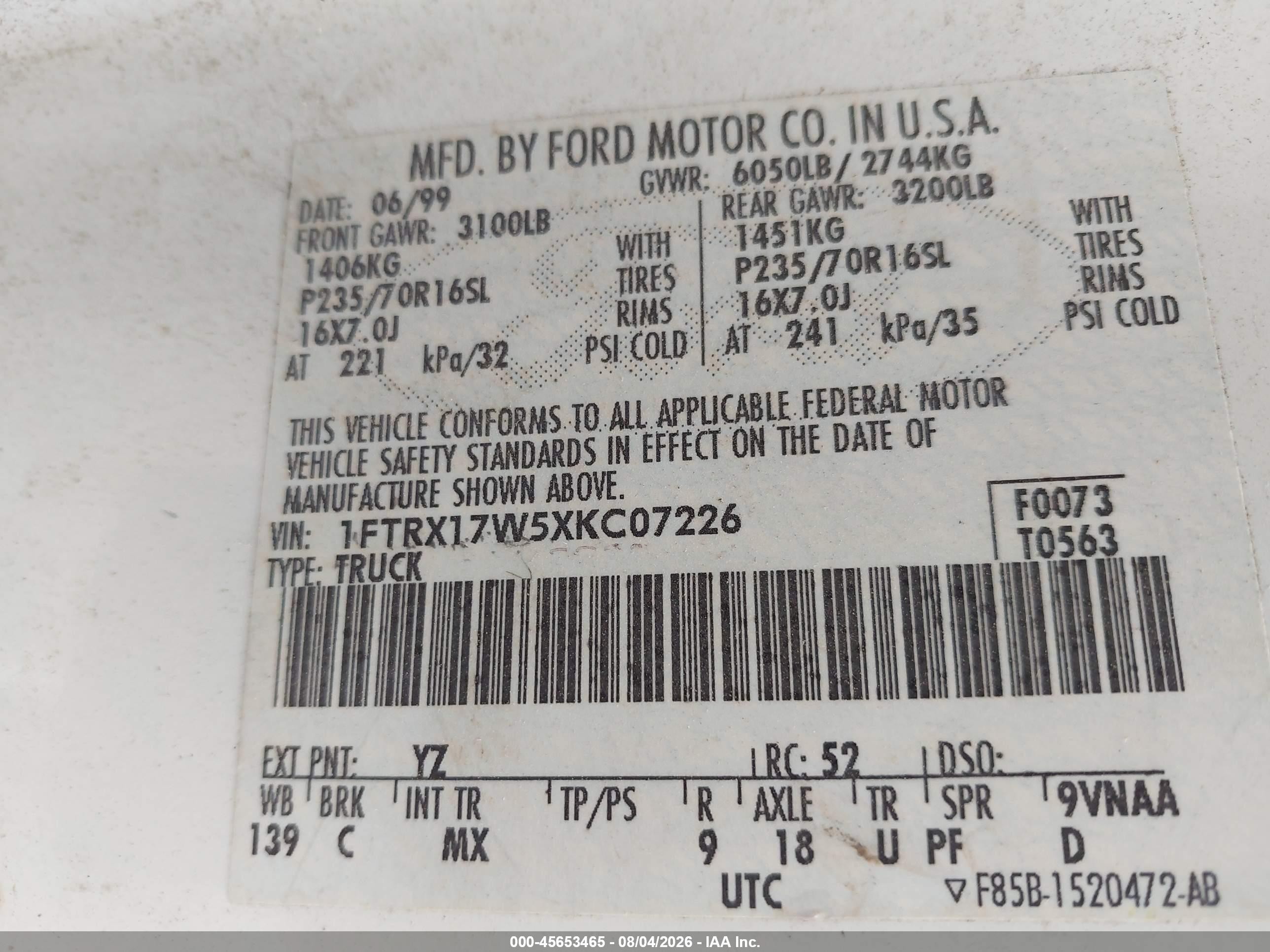 1999 Ford F-150 Lariat/work Series/xl/xlt White vin: 1FTRX17W5XKC07226
