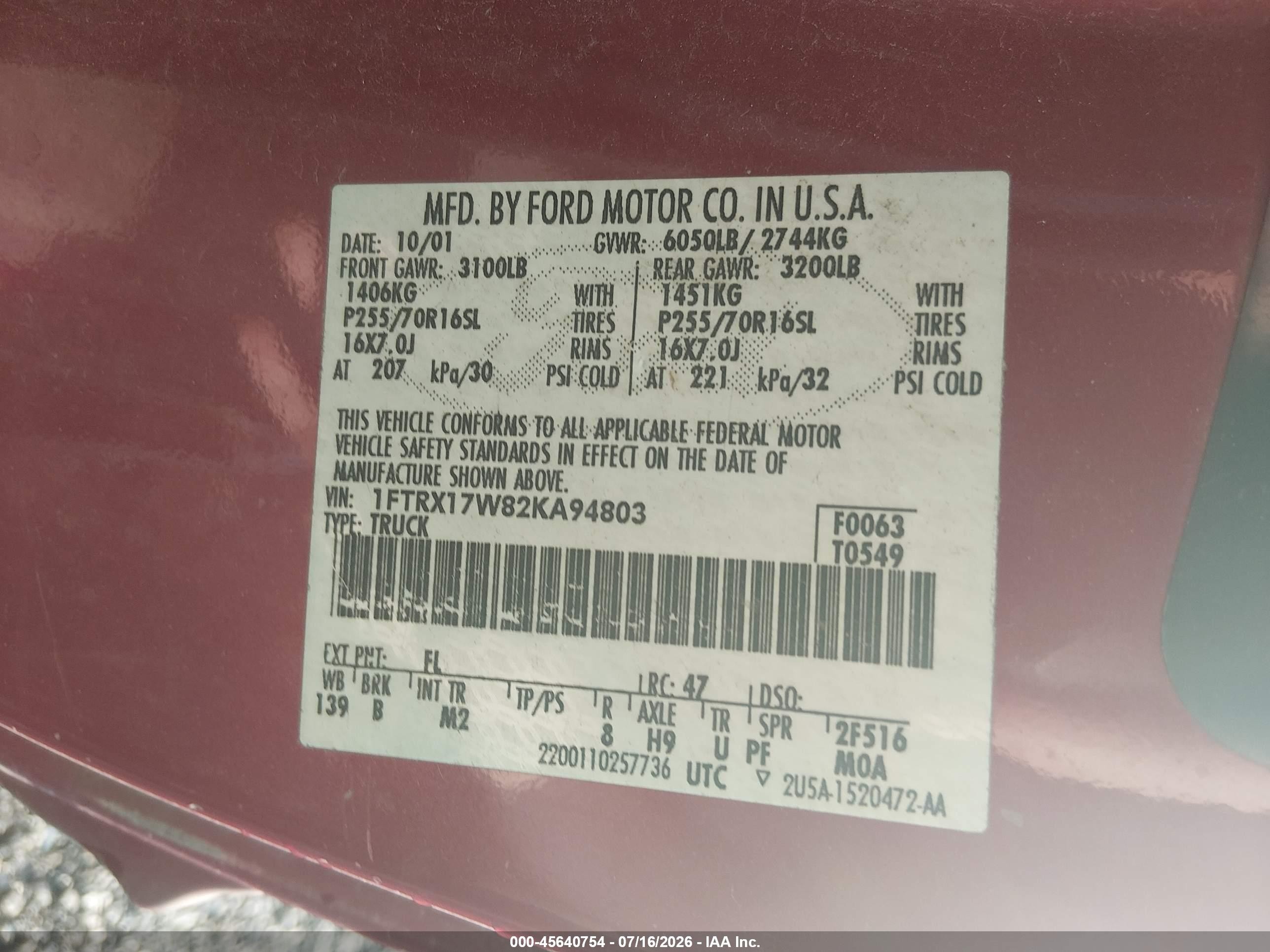 2002 Ford F-150 Lariat/xl/xlt Red vin: 1FTRX17W82KA94803