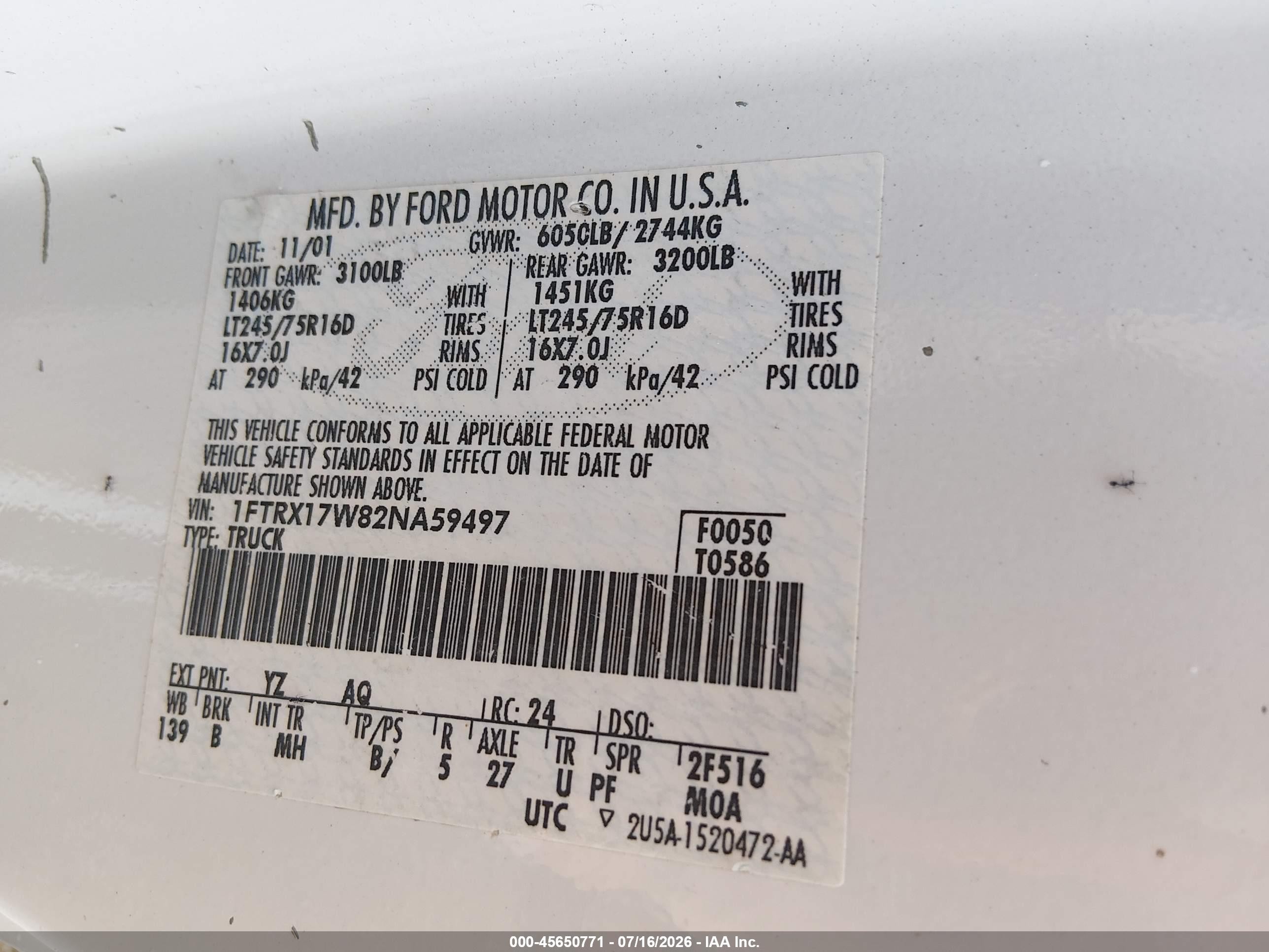 2002 Ford F-150 Lariat/xl/xlt White vin: 1FTRX17W82NA59497