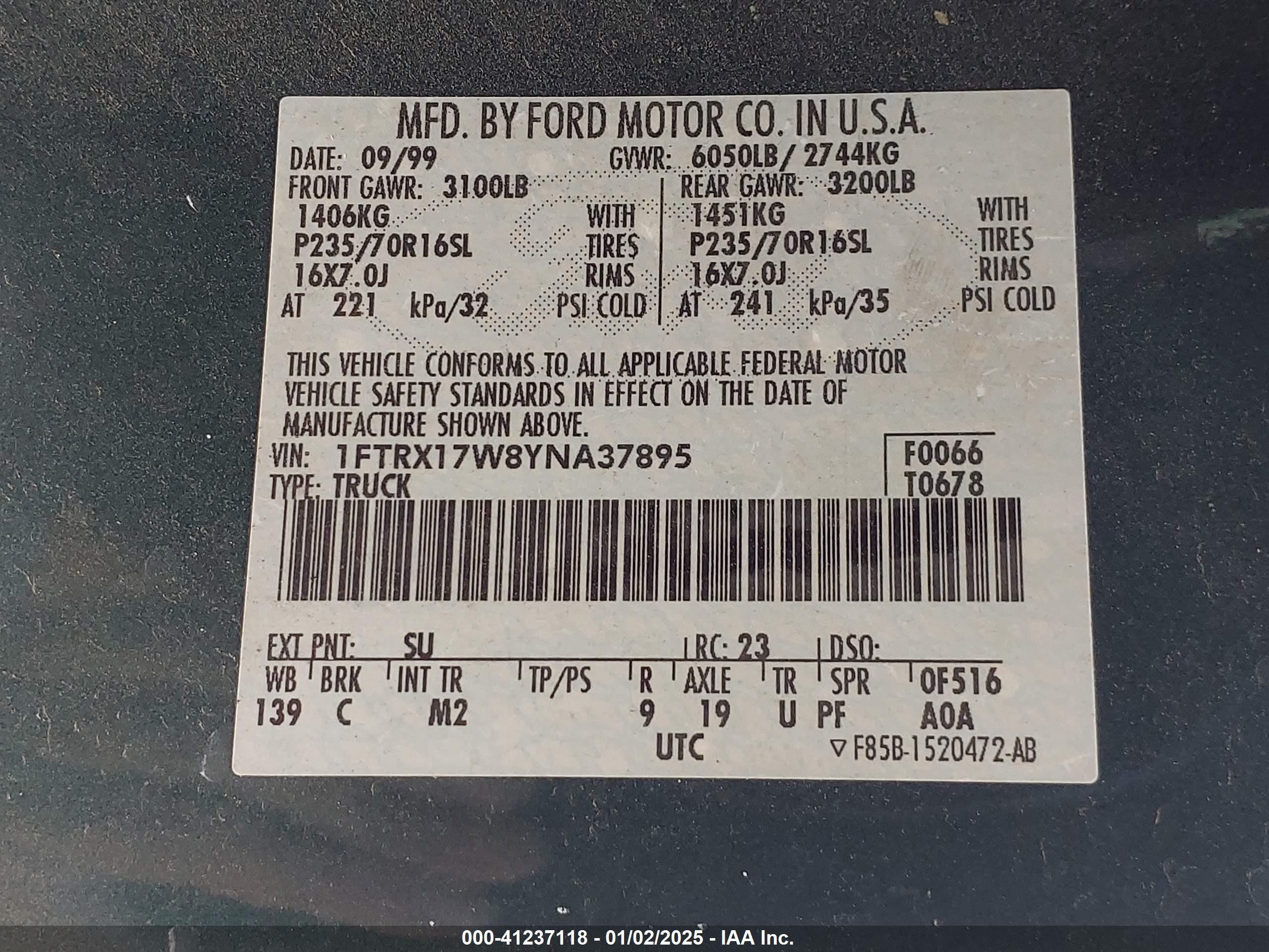 2000 Ford F-150 Lariat/work Series/xl/xlt Green vin: 1FTRX17W8YNA37895