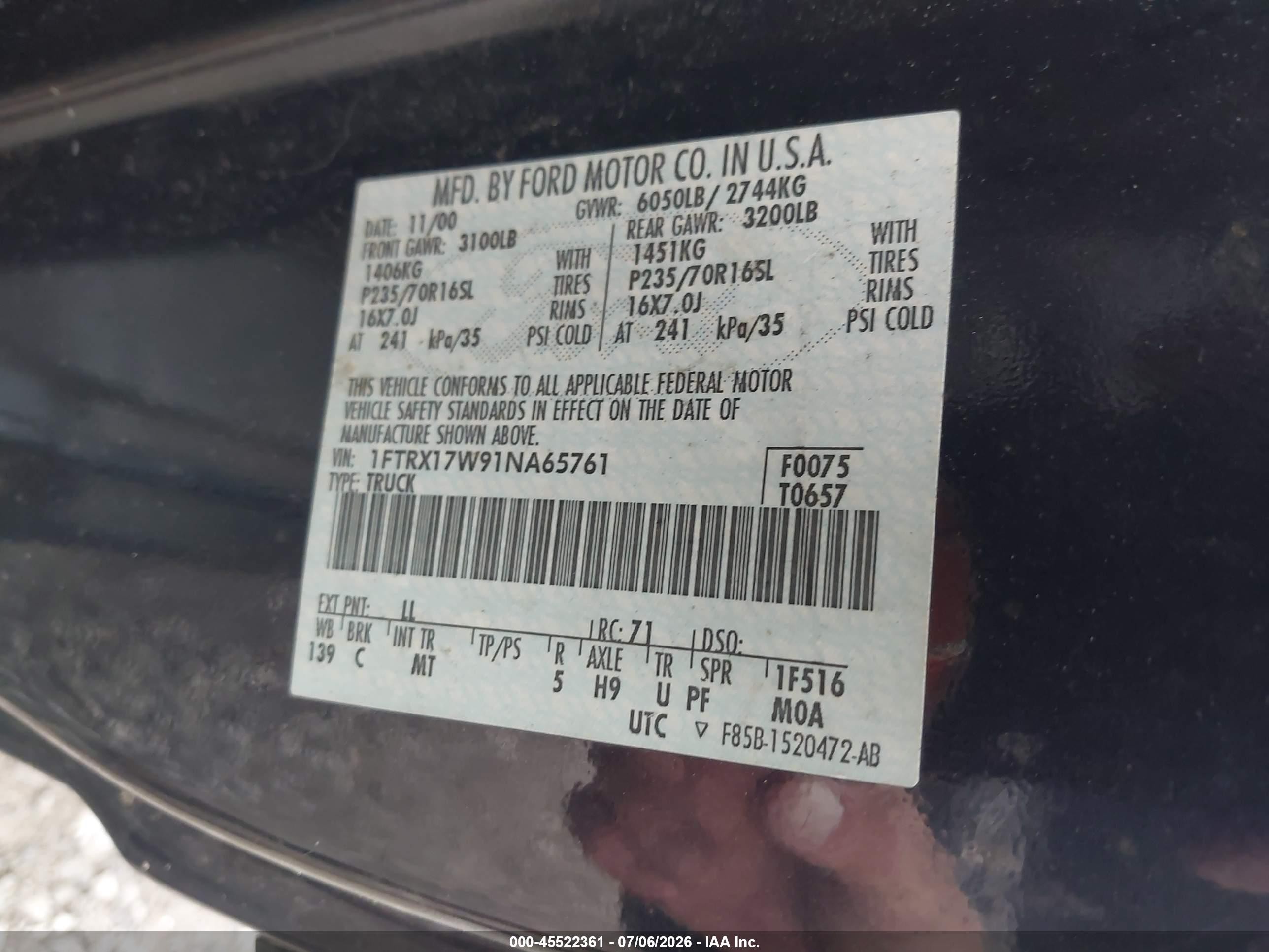 2001 Ford F-150 Lariat/xl/xlt Blue vin: 1FTRX17W91NA65761