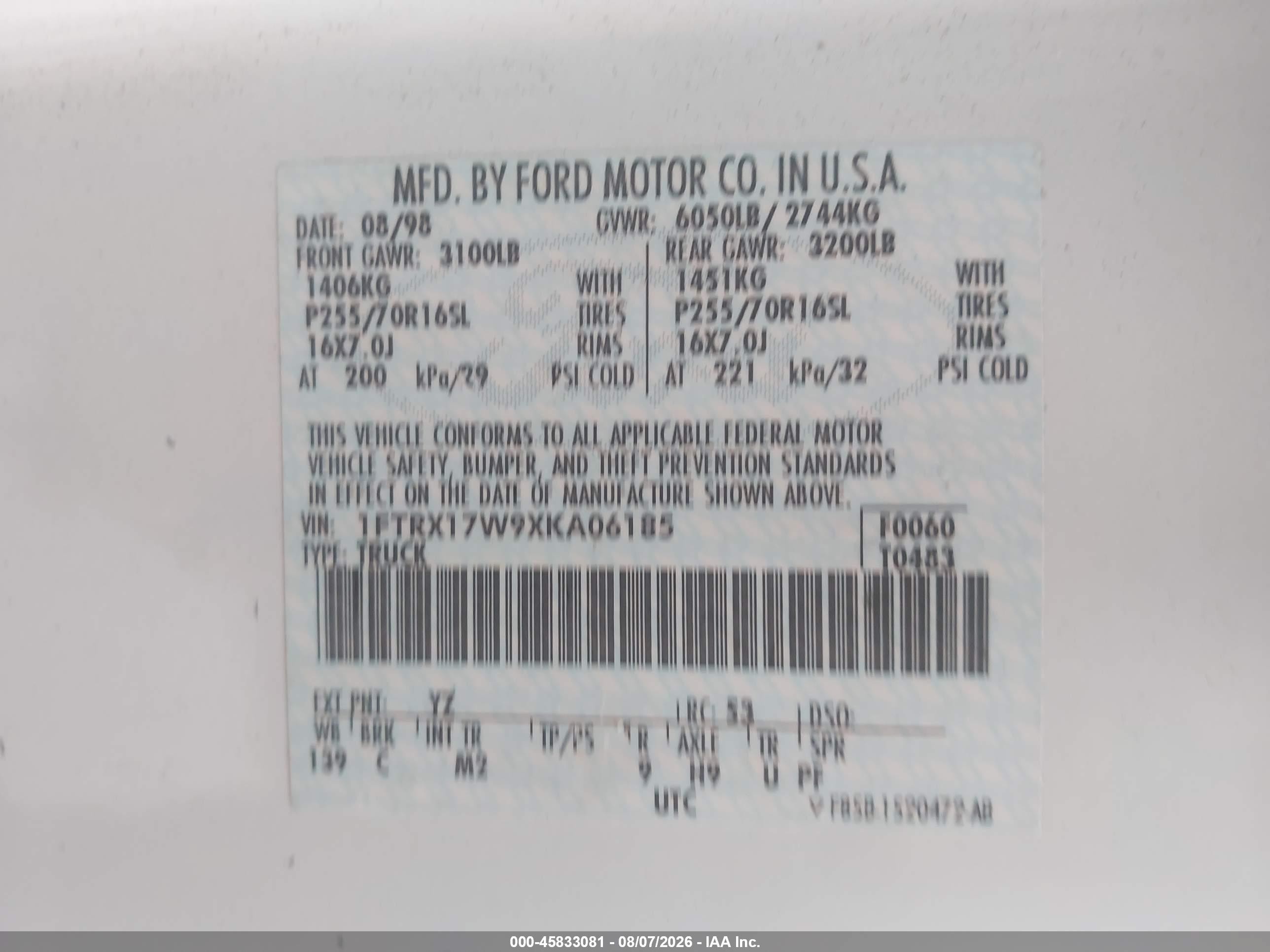 1999 Ford F-150 Lariat/work Series/xl/xlt White vin: 1FTRX17W9XKA06185