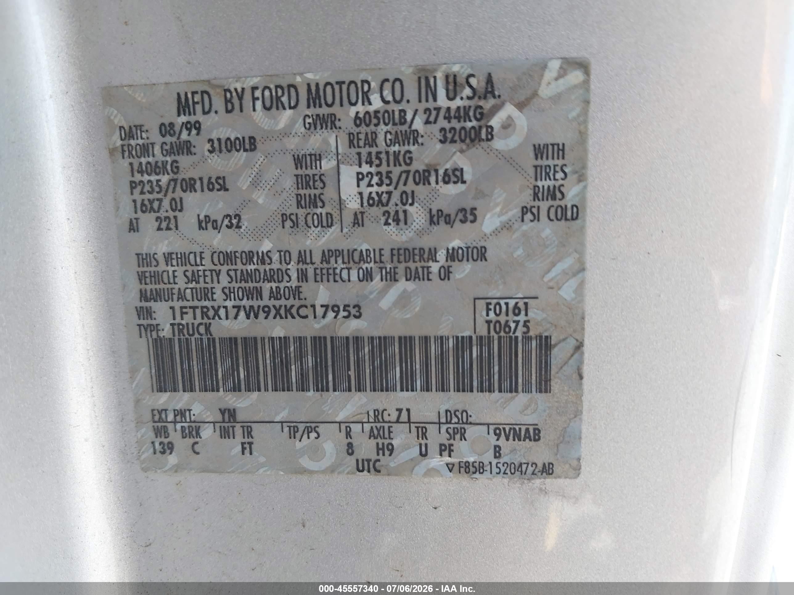 1999 Ford F-150 Lariat/work Series/xl/xlt Silver vin: 1FTRX17W9XKC17953