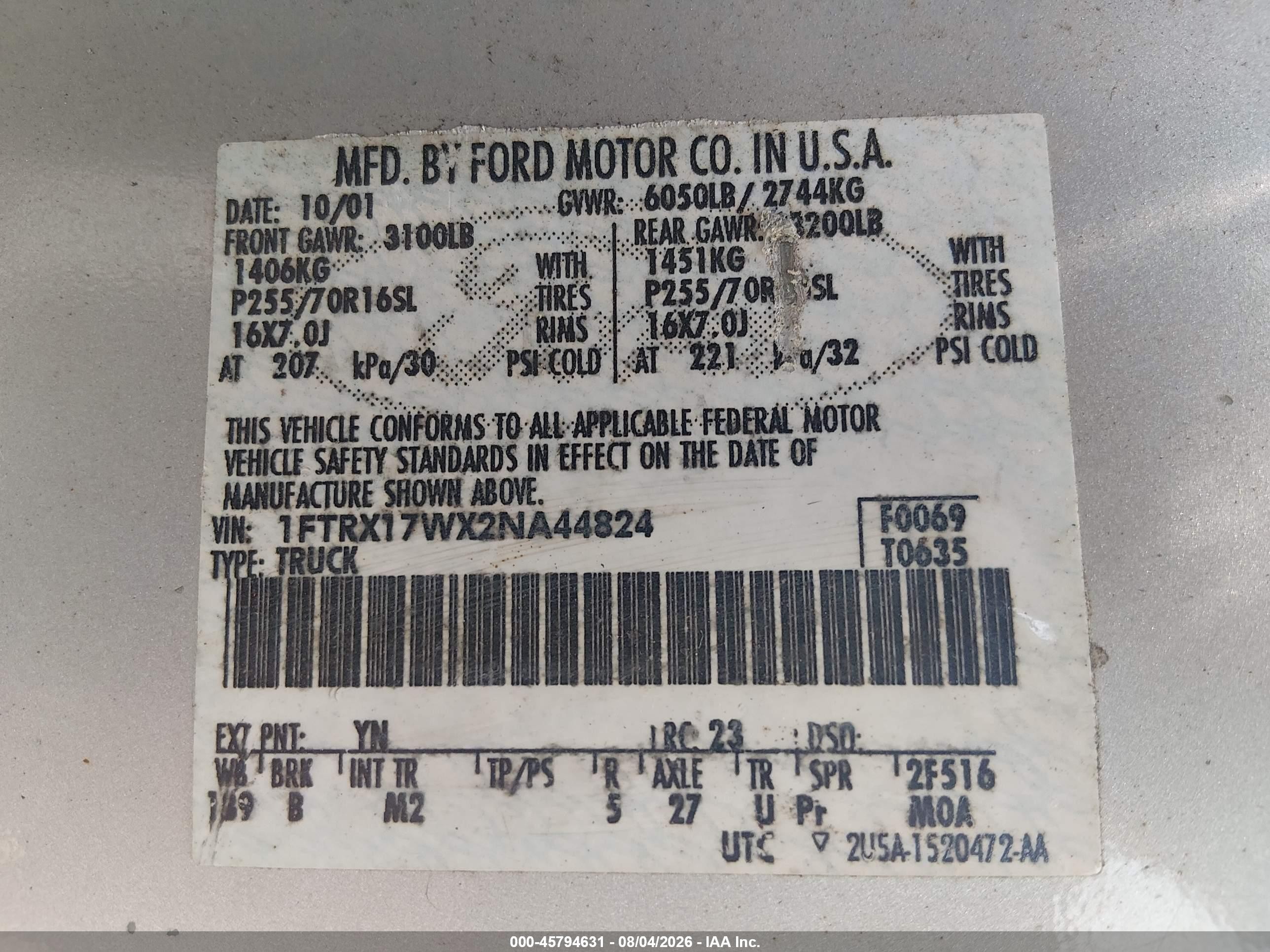2002 Ford F-150 Lariat/xl/xlt Серебряный vin: 1FTRX17WX2NA44824