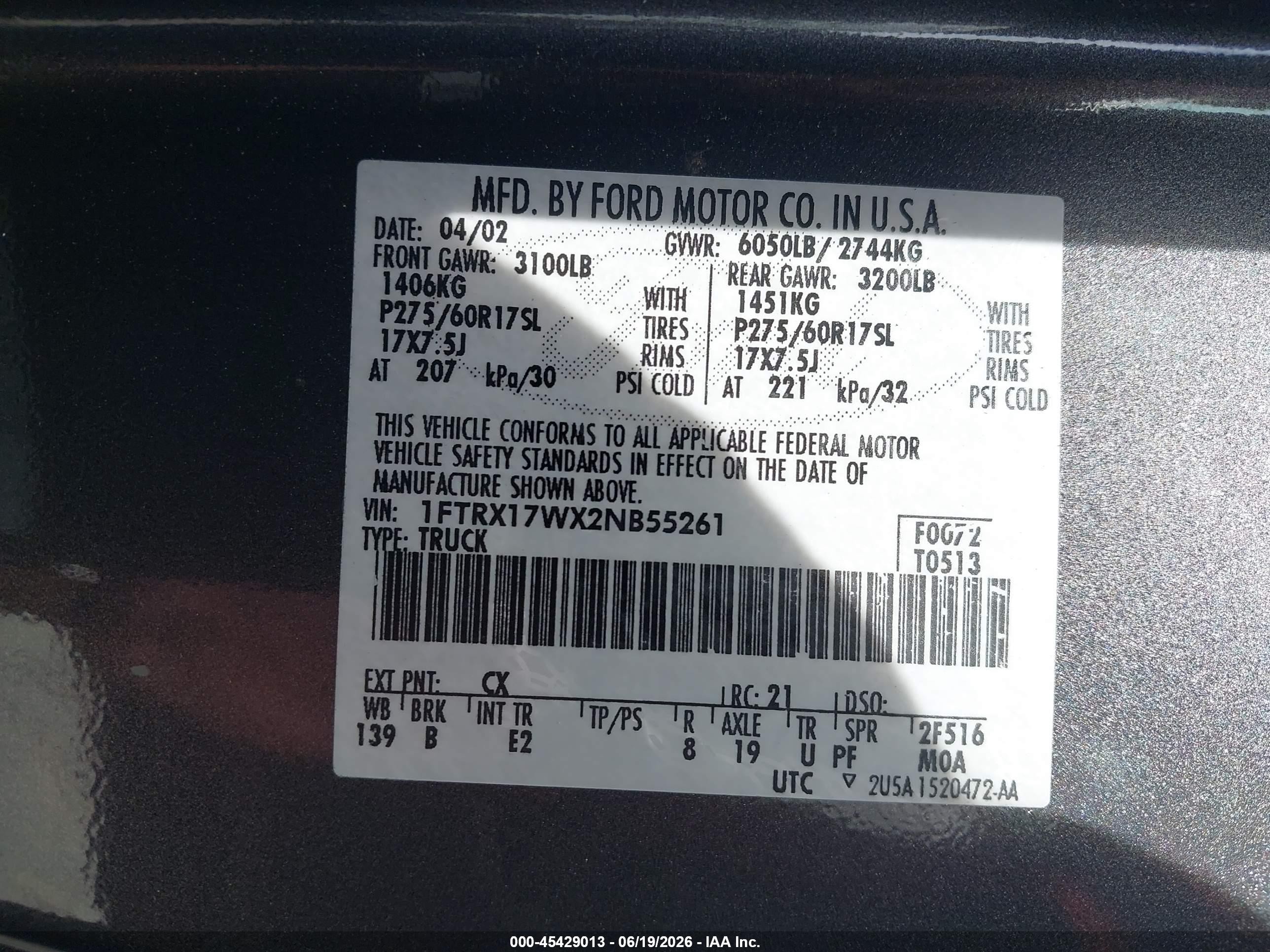 2002 Ford F-150 Lariat/xl/xlt Gray vin: 1FTRX17WX2NB55261