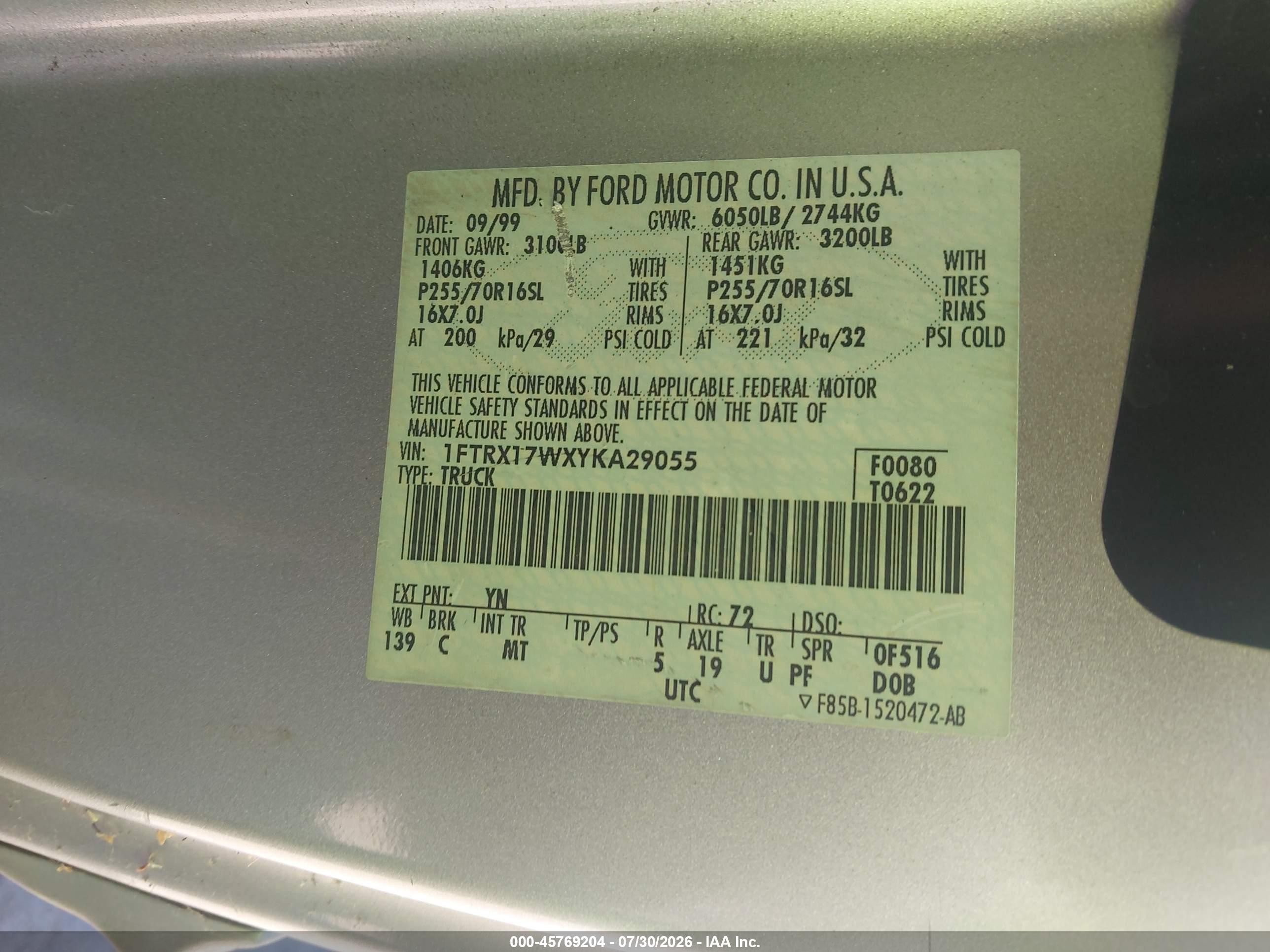 2000 Ford F-150 Lariat/work Series/xl/xlt Gray vin: 1FTRX17WXYKA29055