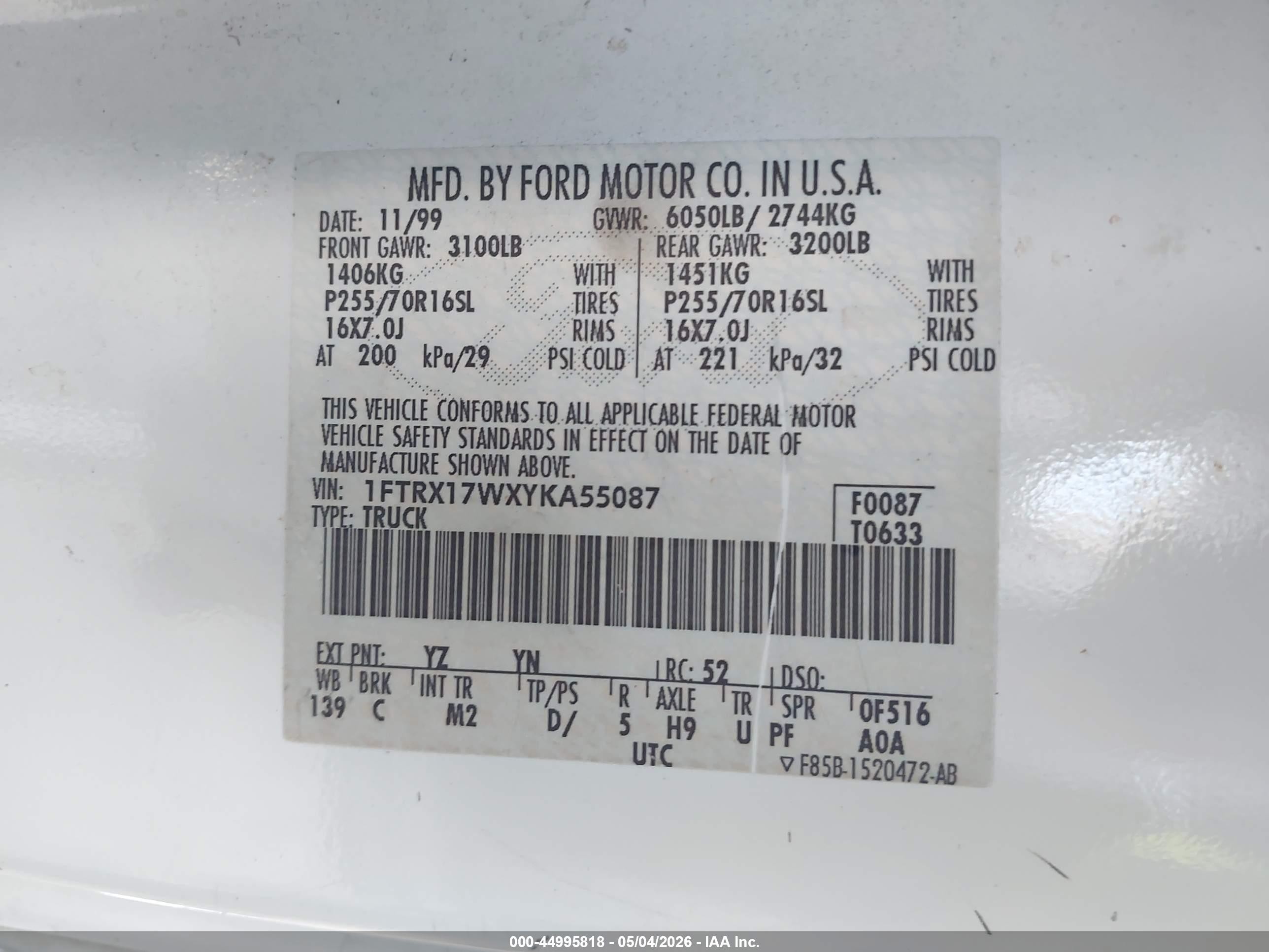 2000 Ford F-150 Lariat/work Series/xl/xlt White vin: 1FTRX17WXYKA55087
