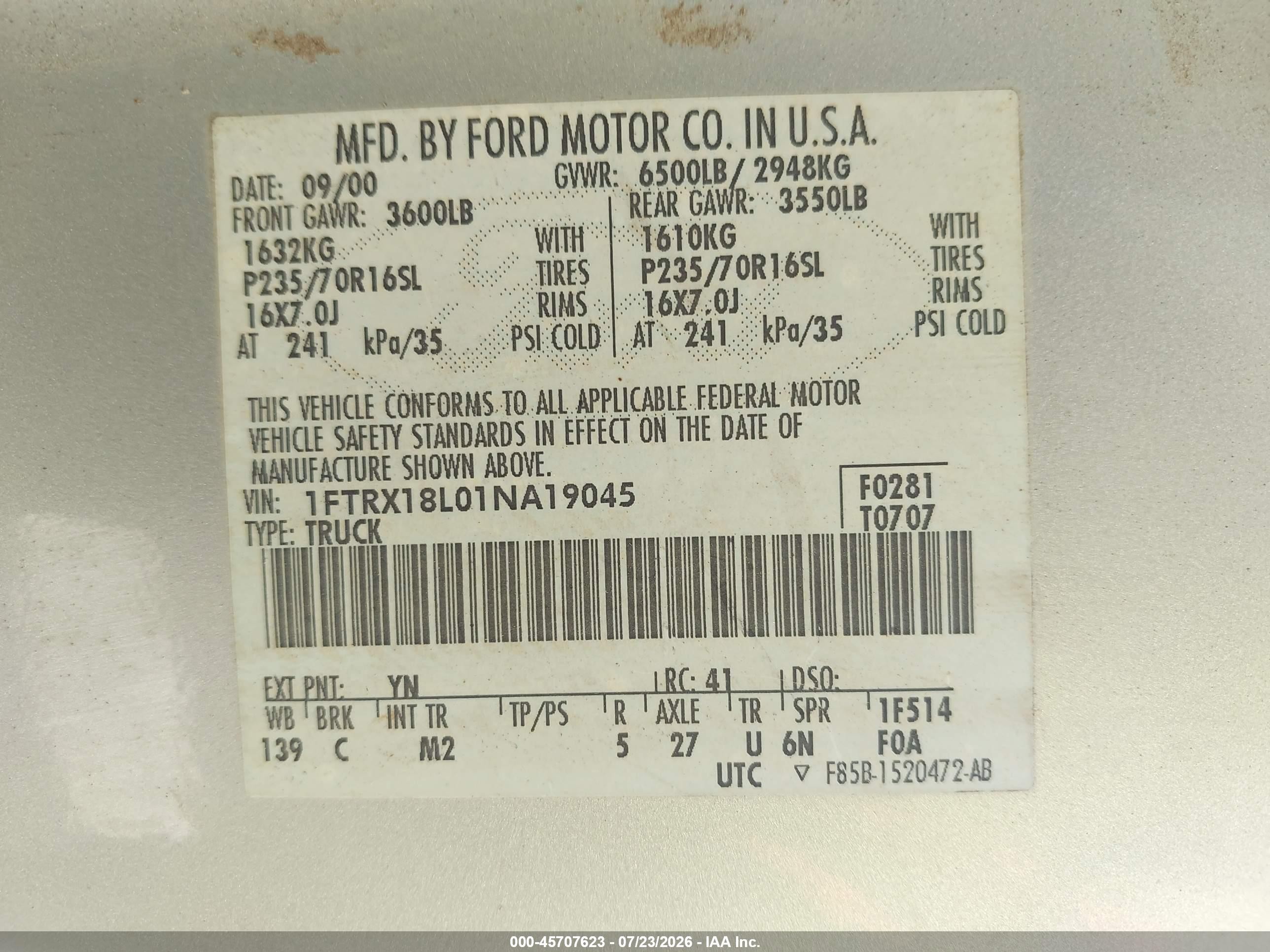 2001 Ford F-150 Lariat/xl/xlt Silver vin: 1FTRX18L01NA19045